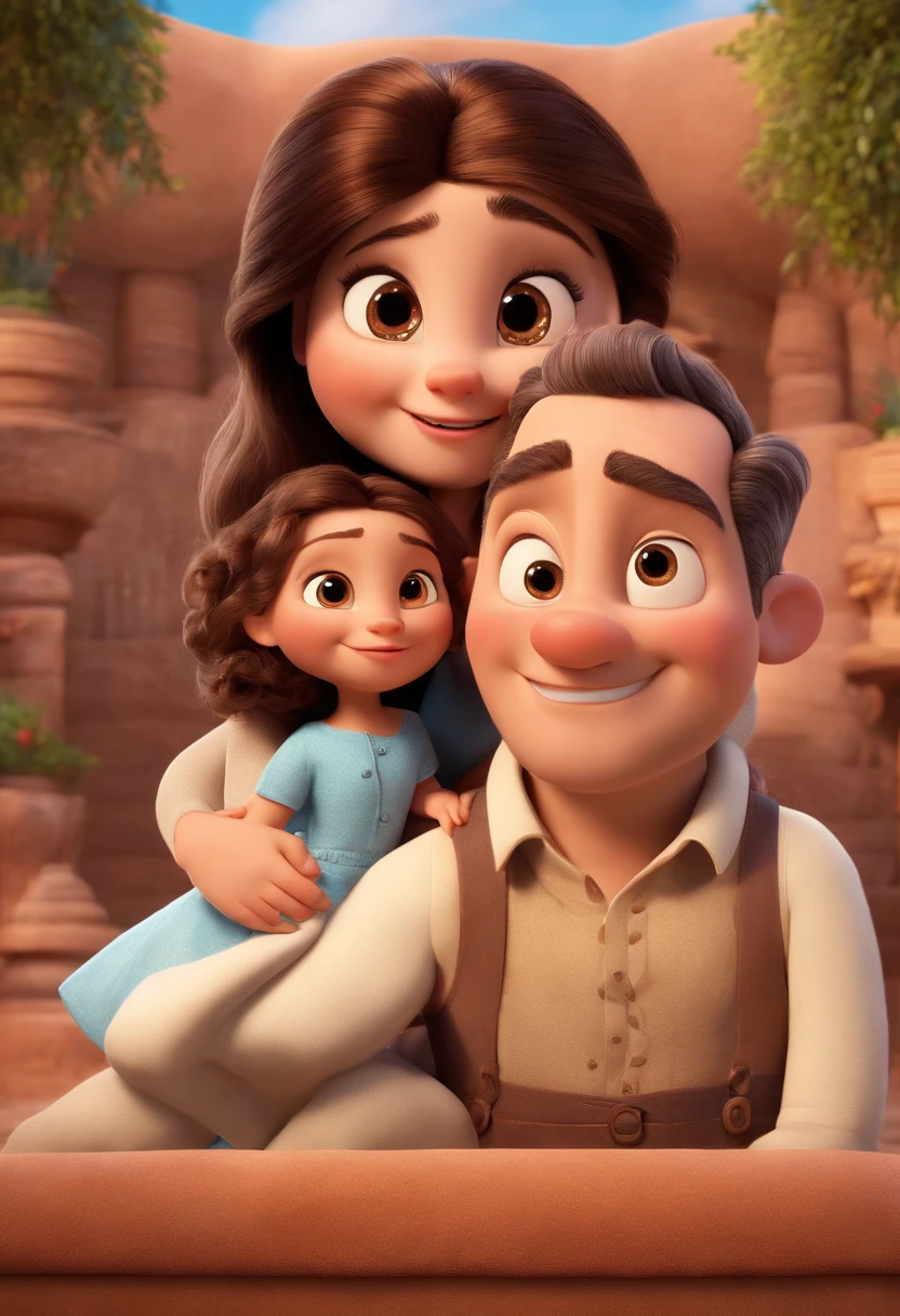um filme inspirado na Disney Pixar. Father and mother talking on the balcony. Menino, 11 anos de idade, brincando de bola. menina, 7 anos de idade, cabelos encaracolados e sorrisos, brincando de boneca com menina de 9 anos de idade e olhos verdade disney. Cena de arte estilo Pixar, descolada e estilosa.