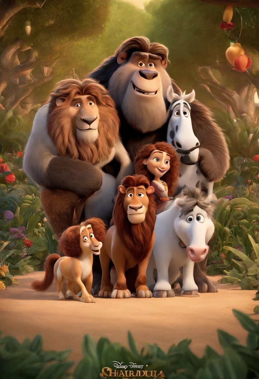 a Disney Pixar movie poster showing a white-skinned family. The father is the tallest, Tem barba curta, loiro, cabelos curtos e espinhosos. The mother has brown eyes and hair, shoulder-length and is slightly overweight. A tem 4 anos e cabelos castanhos, roupa rosa e rabos de cavalo. The background is a beach garden. 3D-rendering