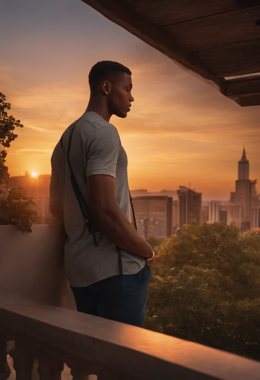 The image features a young black man standing on a balcony, overlooking a beautiful cityscape at sunset. He is wearing a gray shirt and has a backpack on his back. The scene captures the serene atmosphere of the sunset, with the warm tones of the sky creating a picturesque view. O homem parece estar aproveitando o momento, Enjoying the breathtaking scenery, ele esta olhando para o lado.