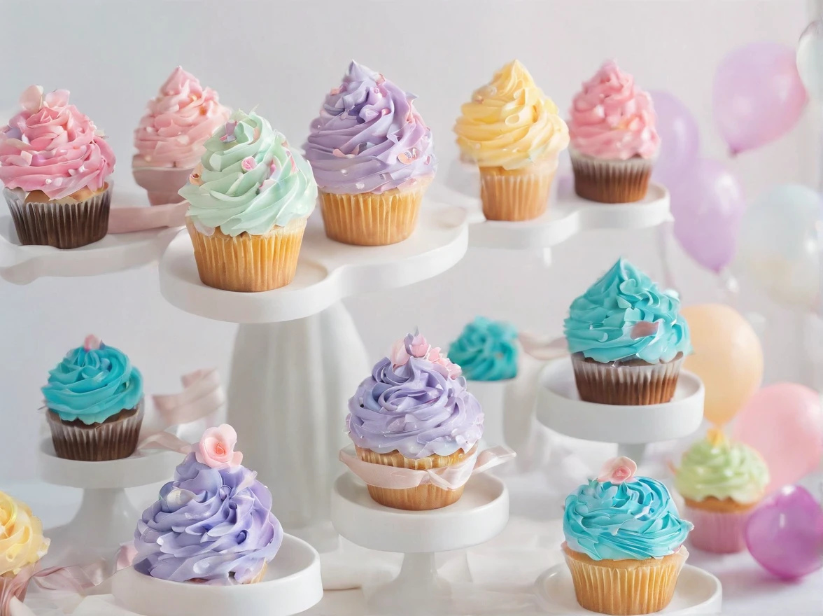 A tempting spread of colorful cupcakes, each adorned with intricate frosting designs, arranged on a vintage cake stand, set against a backdrop of pastel-colored balloons and ribbons, celebrating the joy of a birthday party, Artwork, watercolor painting on paper, --ar 16:9 --v 5