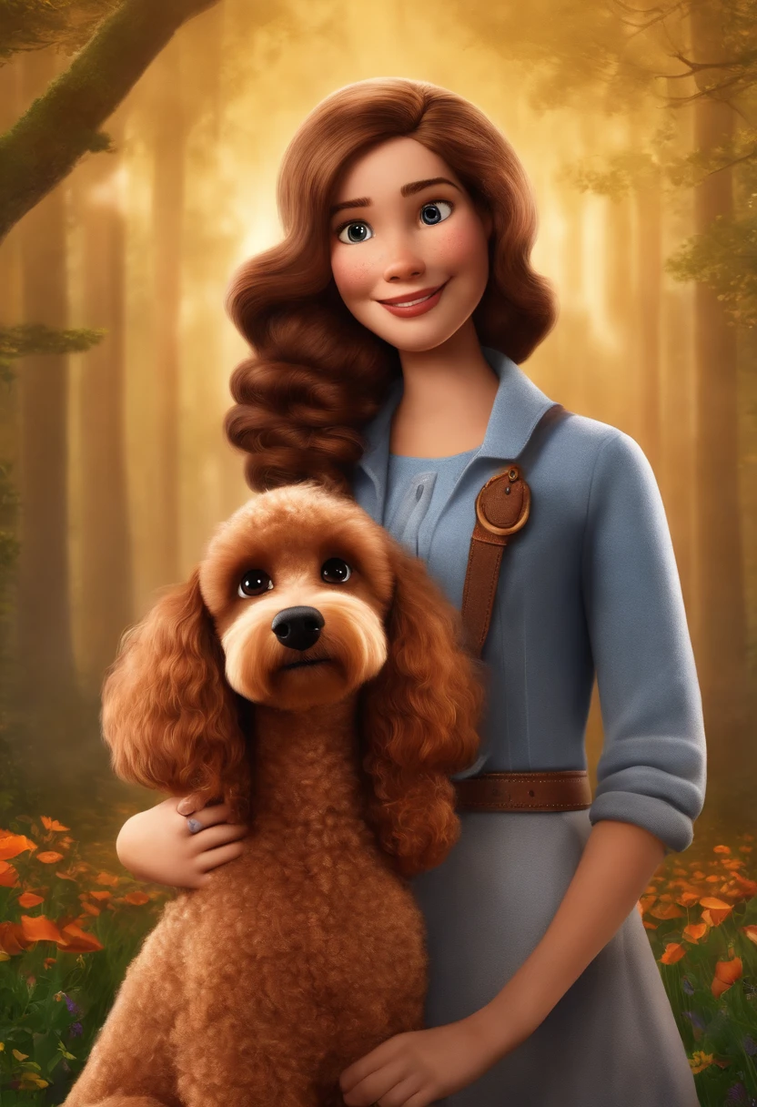 Create a poster inspired by Disney Pixar movies, apresentando um casal acompanhado por uma de altura mediana com cabelos castanhos escuros, Full lips and dark eyes and silly face together with brown poodle puppy girl, cachorrinho de pele bem cuidada com dentes caninos afiados e pontiagudos brincando. The poster is titled 'Lily' Digital art should be in the Pixar style, reminiscent of an animated feature.