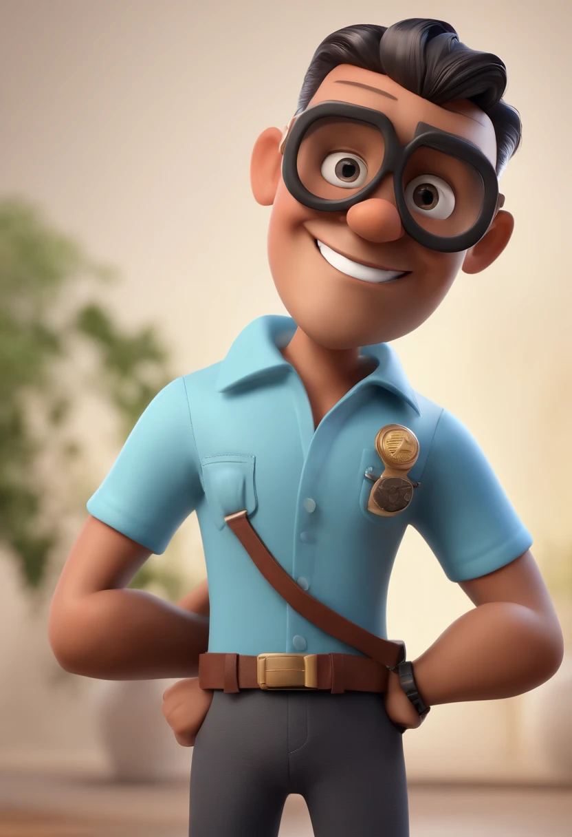 Cartoon character of a man with black glasses, calvo e uma camisa azul, animation character, Caractere estilizado, animation style rendering, 3D estilizado, Arnold Maya render, 3 d render stylized, toon render keyshot, Personagem 3D, Personagem 3D, 3d rendering stylized, 3 d character render, personagem de desenho animado, Personagem de close up, Pose de personagem, (Estilo Pixar) (master part:1.2) (Bokeh) (best quality) (pele detalhada) (textura detalhada) (8k) (argila) (Cinematic lighting) (foco nítido