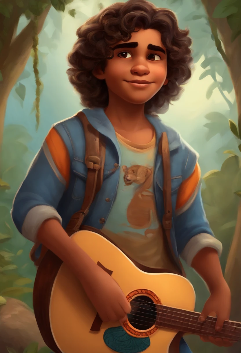 crie um banner no estilo Pixar. A boy with Indian features, moreno pardo com cabelos curtos, Castanhos escuros, Curly and slightly grayish appearance, mas jovem, usando uma camiseta, Wearing jeans and holding a classical guitar with 7 strings.