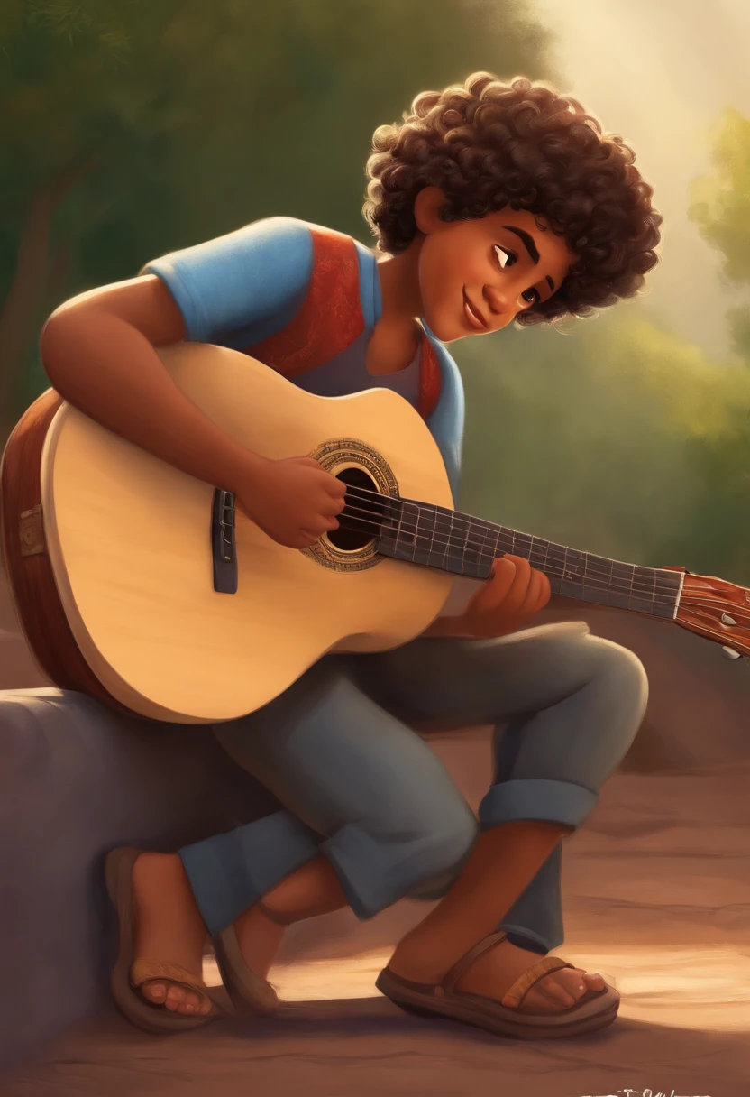 crie um banner no estilo Pixar. A boy with Indian features, moreno pardo com cabelos curtos, Castanhos escuros, Curly and slightly grayish appearance, mas jovem, usando uma camiseta, Wearing jeans and holding a classical guitar with 7 strings.