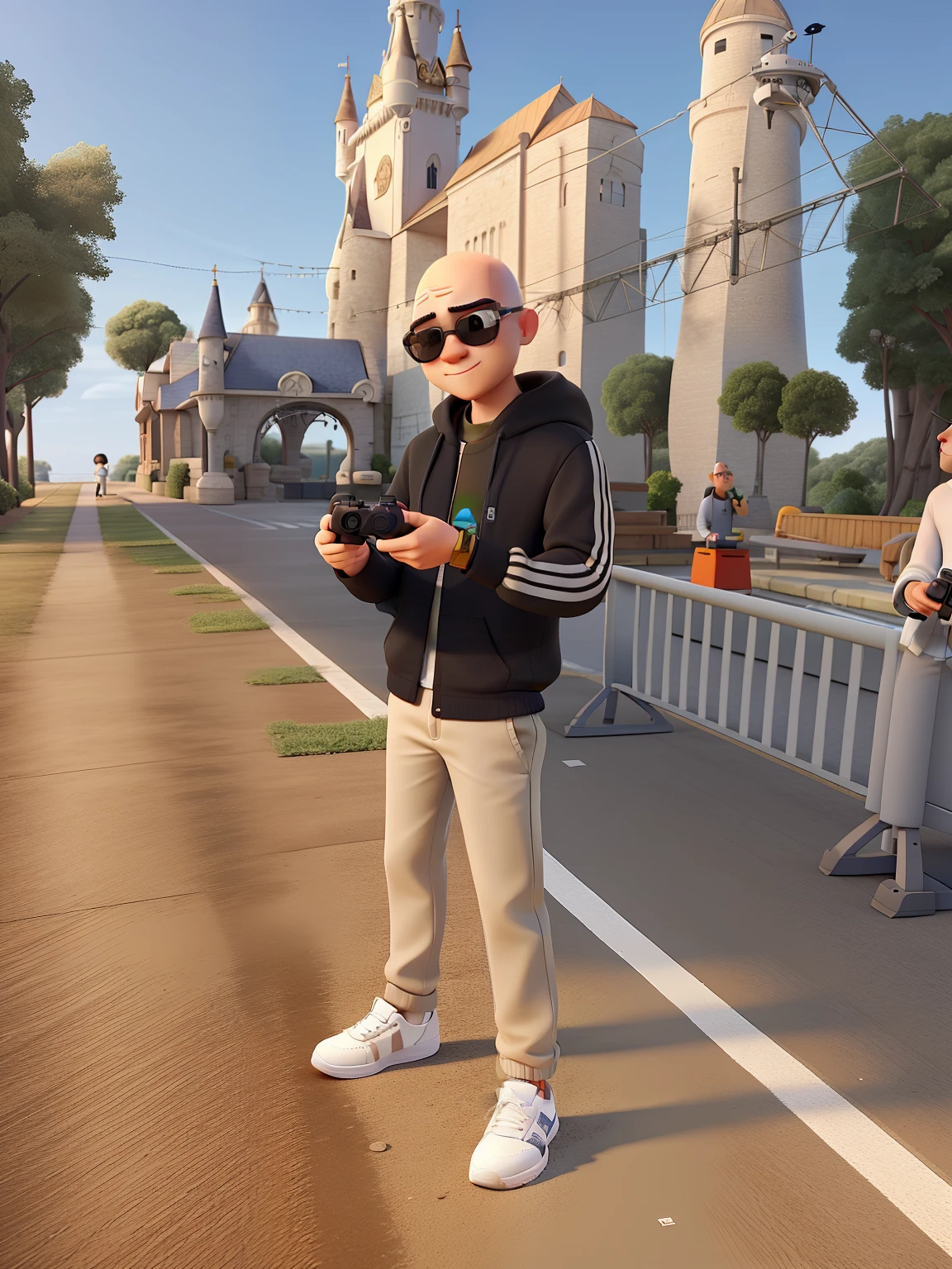 A young bald man, wearing sunglasses, white sneakers, an adidas long-sleeved shirt and beige pants, flying a drone with a controller, disney pixar style