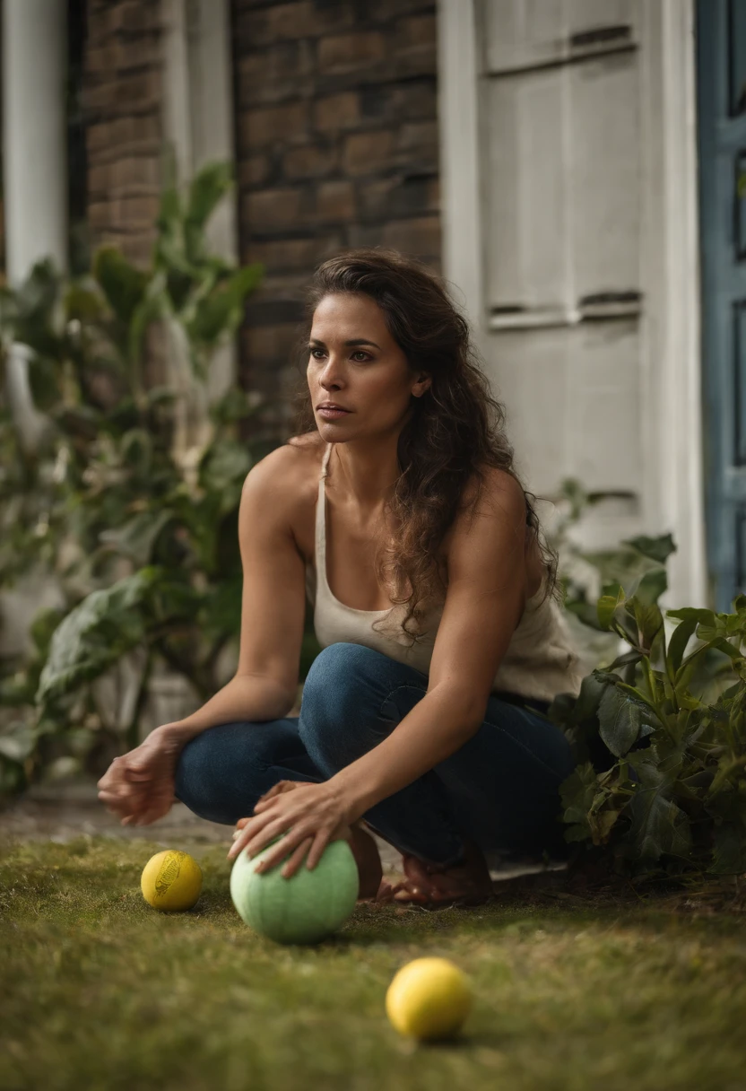 Create an image of a latina woman in her 30s. Style should be photo realistic with some comedic elements, setting is in a living room. She is chewing on a tennis ball. The ball is in her mouth. She is crouched near the ground. She has a crazed look on her face. Her hair is a little messed up. She has some hair growing all over her body