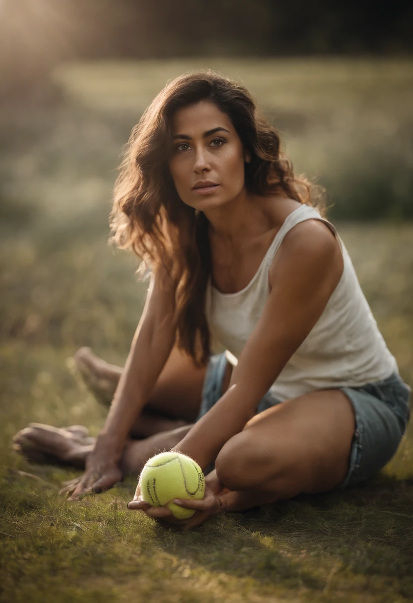 Create an image of a latina woman in her 30s. Style should be photo realistic with some comedic elements, setting is in a living room. She is chewing on a tennis ball. The ball is in her mouth. She is crouched near the ground. She has a crazed look on her face. Her hair is a little messed up. She has some hair growing all over her body