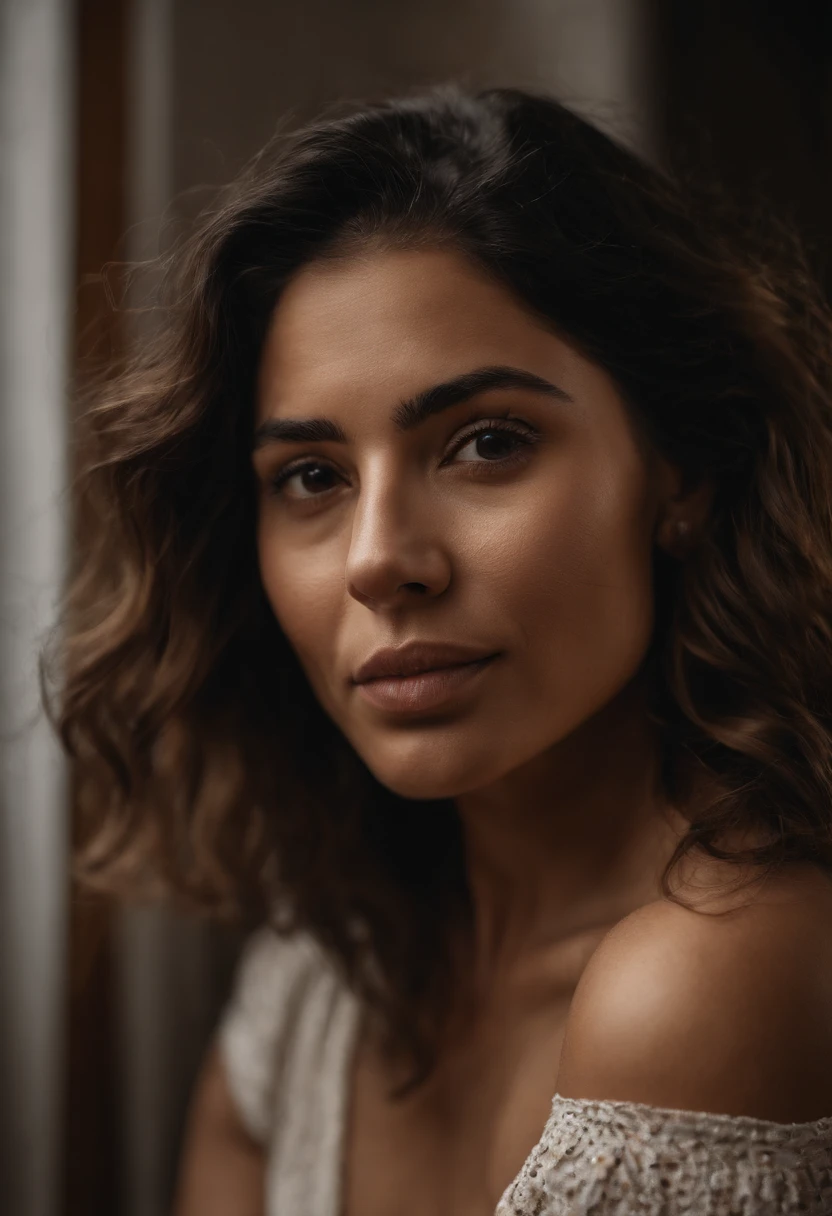 Create an image of a latina woman in her 30s. Style should be photo realistic with some comedic elements, setting is in a living room. She is chewing on a tennis ball. The ball is in her mouth. She is crouched near the ground. She has a crazed look on her face. Her hair is a little messed up. She has some hair growing all over her body