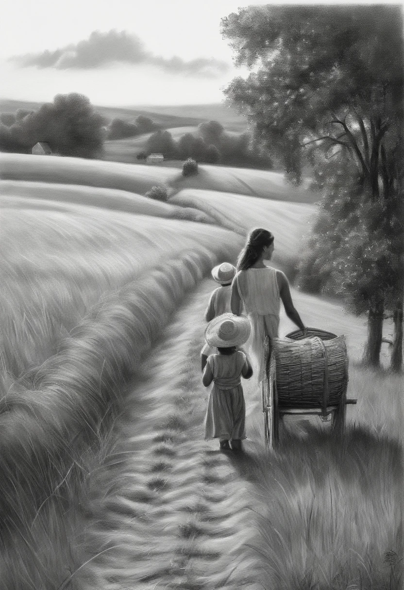 Draw out:Rural farming season Family 1 Male 1 Female 1 2 Charcoal Linear Sketch Black and White