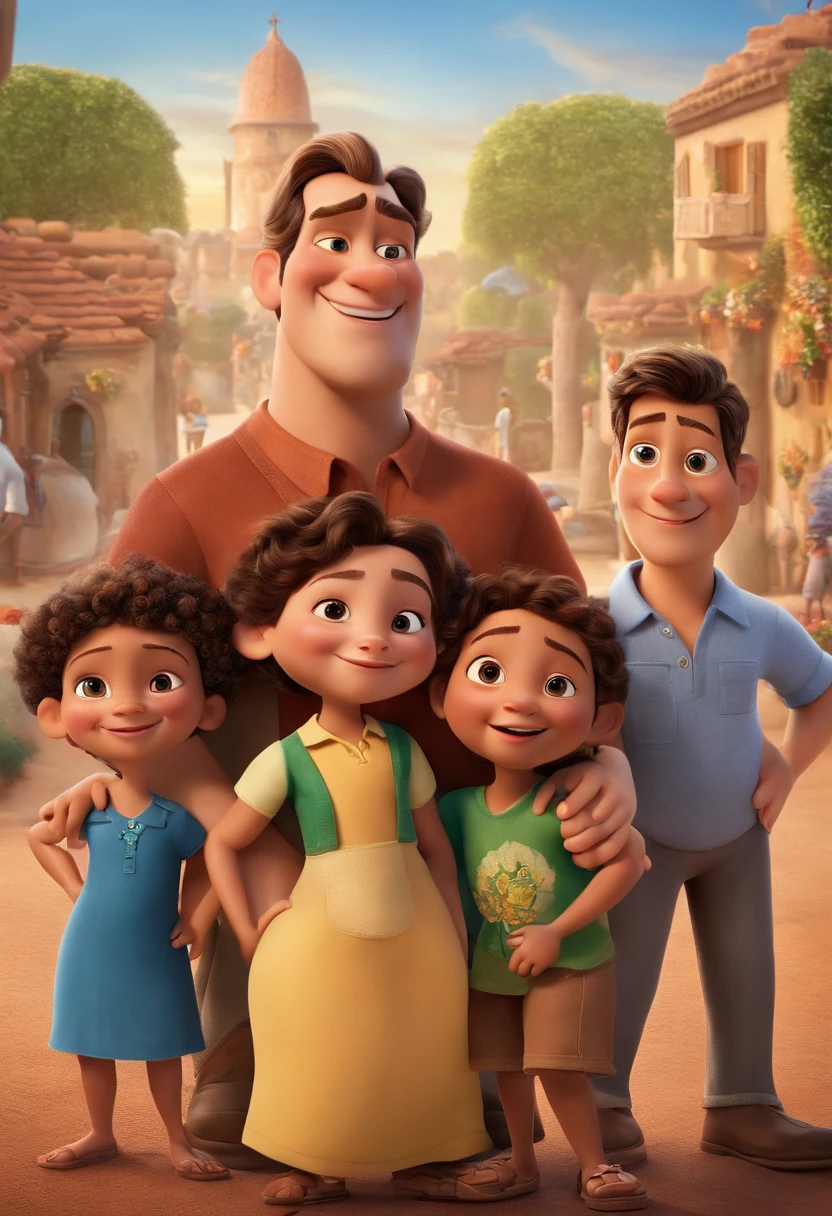a Disney Pixar movie poster showing a white man, de 35 anos, com rosto arrendodando e sem cabelo no centro da imagem, ao lado tem uma 2 familias de pele branca e outra de pele escura. Both families are fathers and mothers and have two children, Children must have a credit card. Everyone in the scene is Brazilian.. The background is a city with houses in the background, HAPPY POPULATION, It's a neighborhood. 3D-rendering
