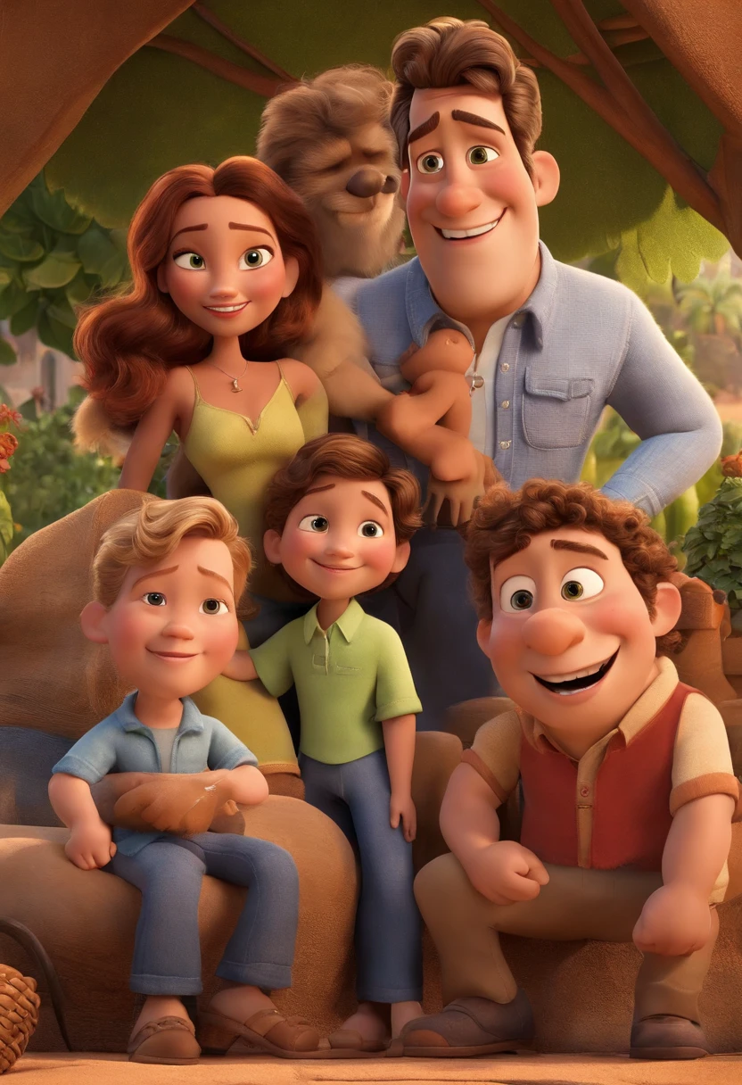 a Disney Pixar movie poster showing a white man, de 35 anos, com rosto arrendodando e sem cabelo no centro da imagem, ao lado tem uma 2 familias de pele branca e outra de pele escura. Both families are fathers and mothers and have two children, Children must have a credit card. Everyone in the scene is Brazilian.. The background is a city with houses in the background, HAPPY POPULATION, It's a neighborhood. 3D-rendering