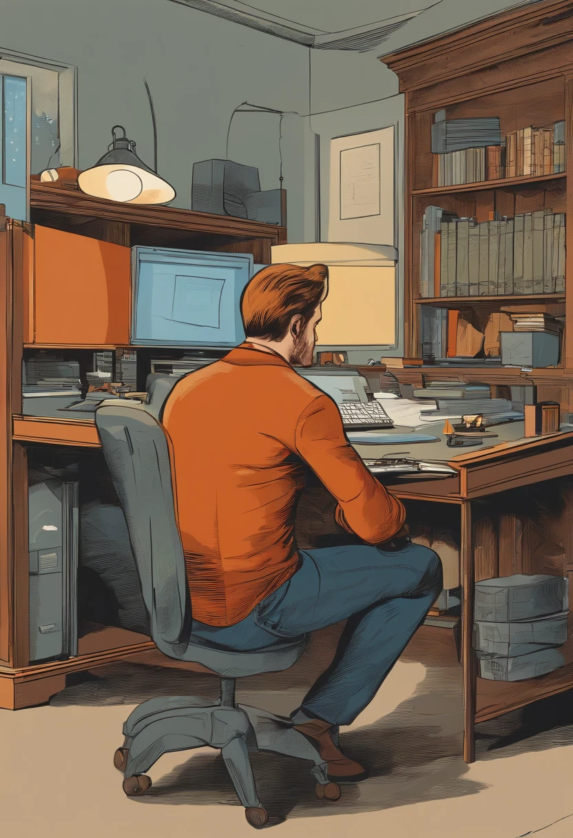 there is a man sitting at a desk with a computer and a monitor, Andreas M Wiese, Craig MullinsHyper, Tomasz Strzalkowski, Thierry Rouzier, Anton Migulko, Simon Hollosy, Vitaly Bulgarov, Krzysztof Kononowicz, Dmitry Mazurkevich, photo from behind