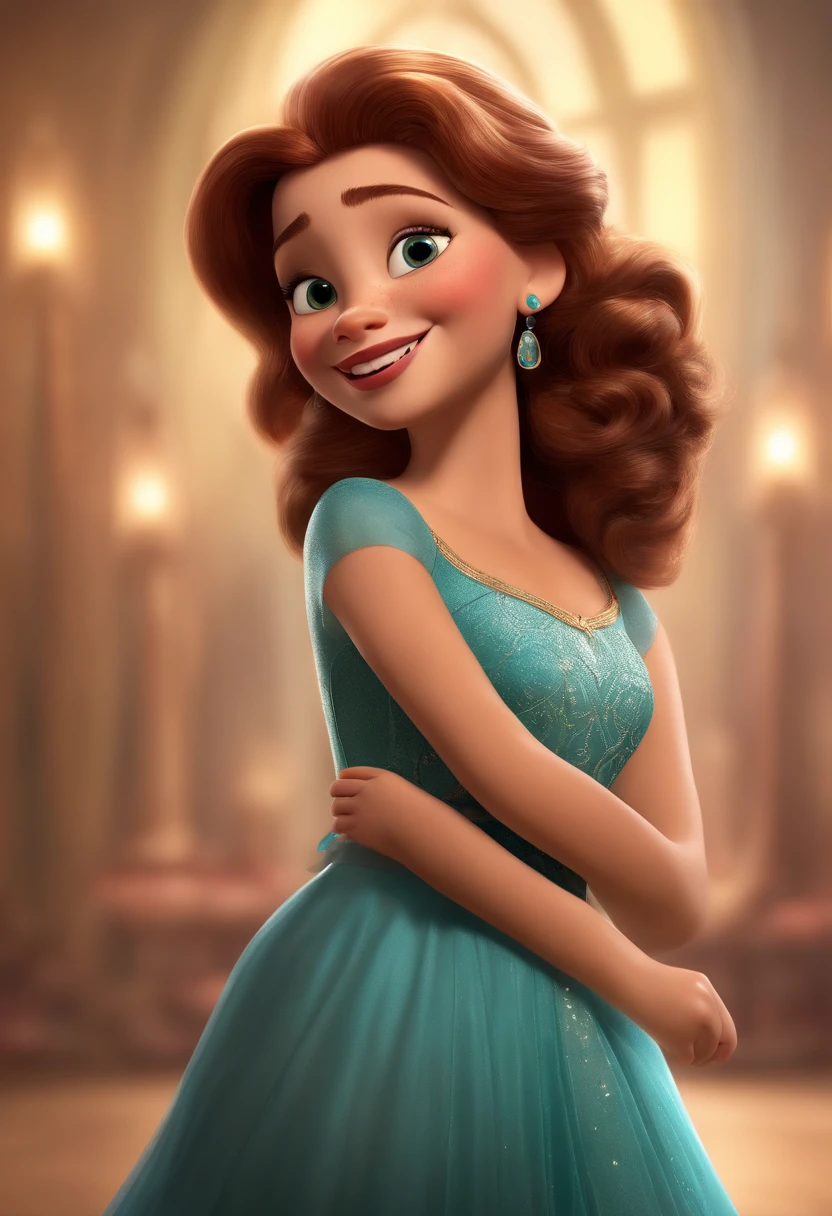 "(best quality,ultra-detalhado,Realistic:1.37),3D rendering,illustration,design de personagens,cabelos longos e lisos  escuros,belos olhos detalhados, um corpo escultural com um belo sorriso Estilo Pixar,morena mulher,Dancing on the Disney stage,atmosfera animada,vivid colors,luzes de palco,expression joyful"