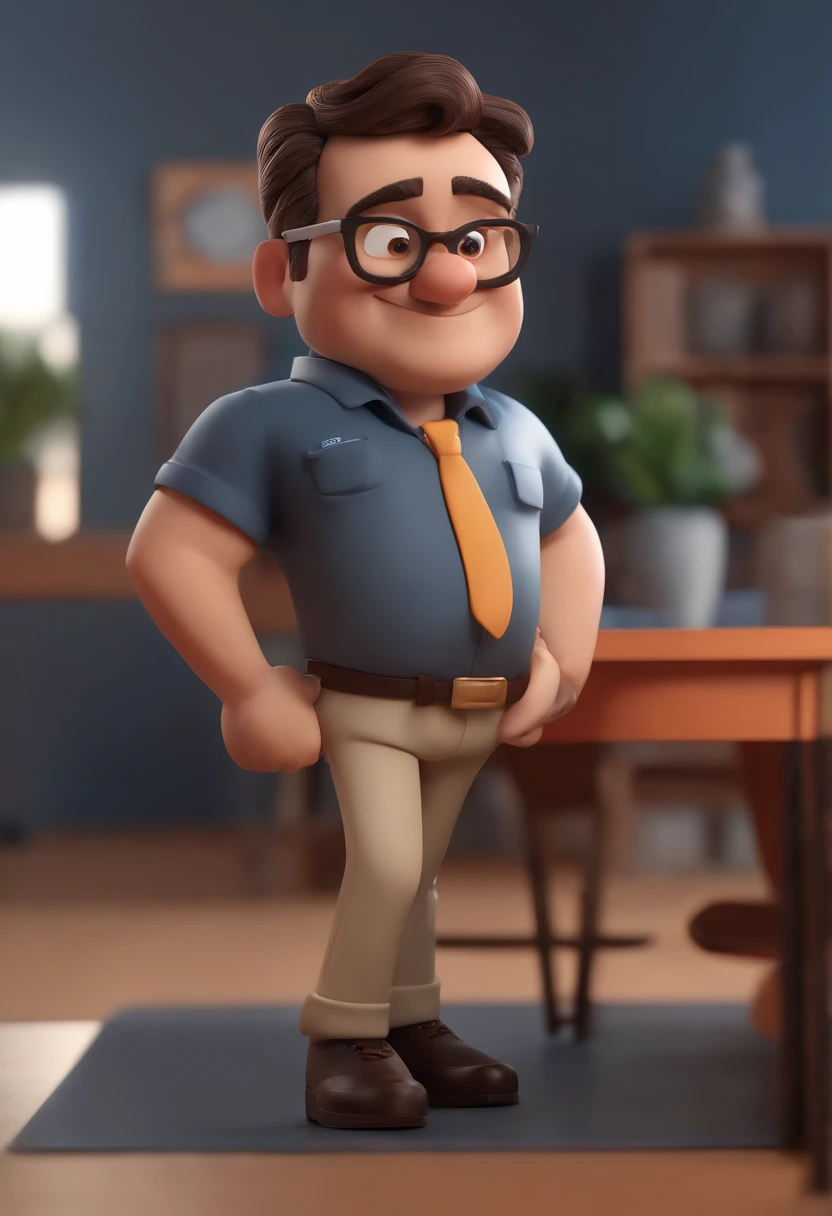 Cartoon character of a man wearing black glasses and a blue shirt, um personagem animado, Caractere estilizado, animation style rendering, 3D estilizado, Arnold Maya render, 3 d render stylized, toon render keyshot, Personagem 3D, Personagem 3D, 3d rendering stylized, 3 d character render, personagem de desenho animado, Personagem de close up, Pose de personagem, (Estilo Pixar) (master part:1.2) (Bokeh) (best quality) (pele detalhada) (textura detalhada) (8k) (argila) (Cinematic lighting) (foco nítido,Senta e vaza a parte superior do corpo