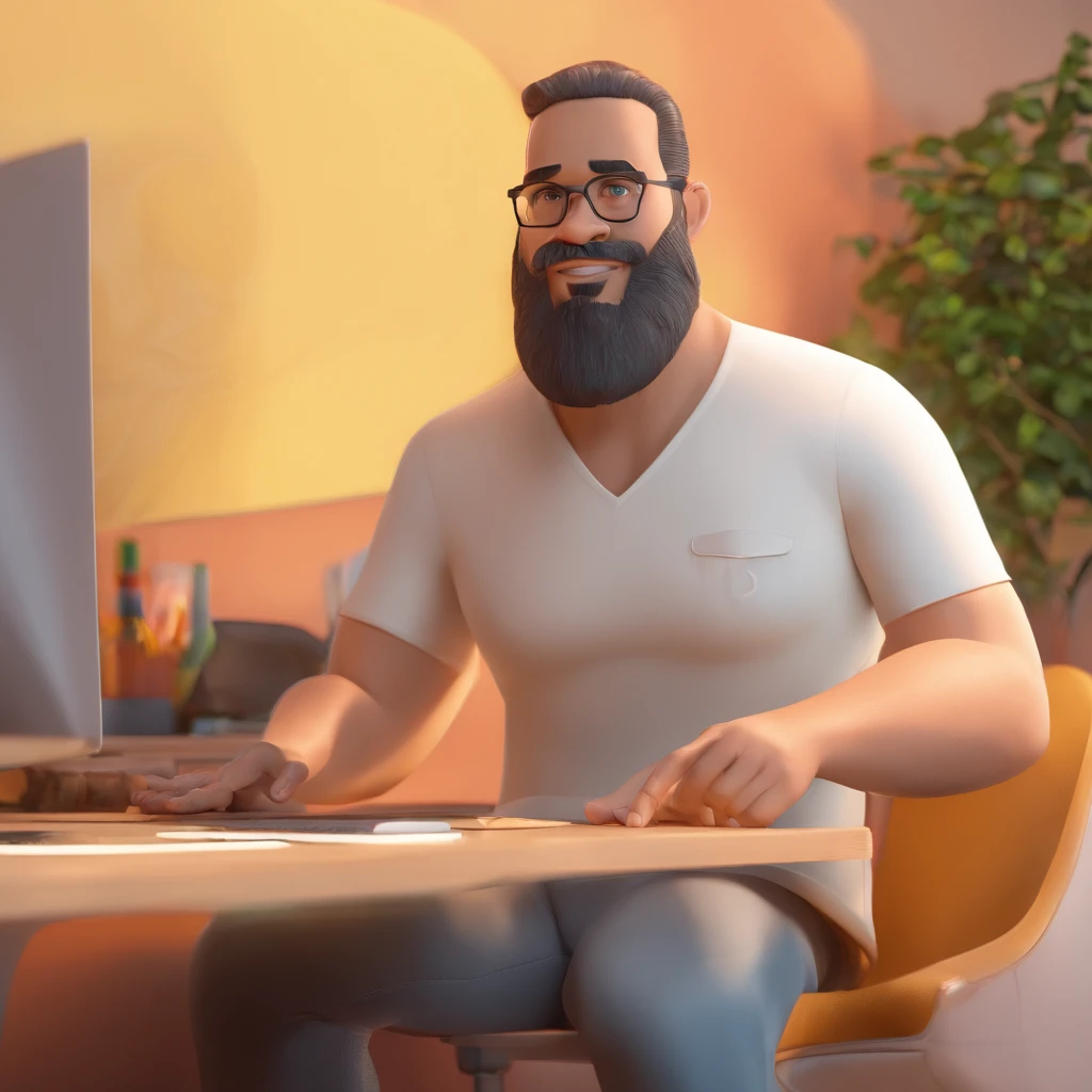 Criar um personagem no estilo Pixar. Trata-se de um homem de 51 anos, com barba, Branco, calvo usando um bone do golden state warriors, e olhos castanhos. Ele deve estar na frente de um computador, Trabalhar como designer