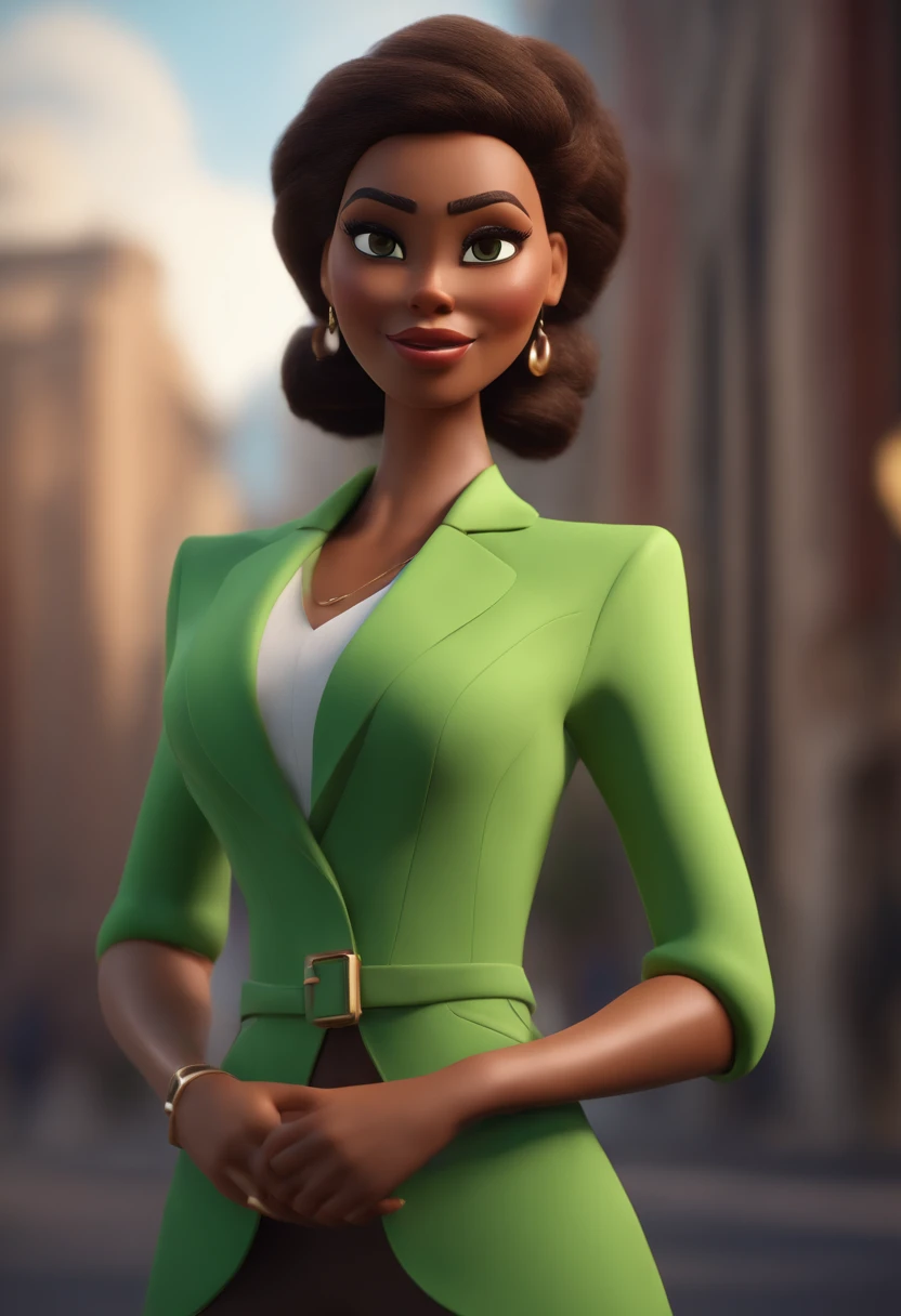 Cartoon character of a dark brown skinned green-eyed woman in businesswoman outfit, animation character, Caractere estilizado, animation style rendering, 3D estilizado, Arnold Maya render, 3 d render stylized, toon render keyshot, Personagem 3D, Personagem 3D, 3d rendering stylized, 3 d character render, personagem de desenho animado, Personagem de close up, Pose de personagem, (Estilo Pixar) (master part:1.2) (Bokeh) (best quality) (pele detalhada) (textura detalhada) (8k) (argila) (Cinematic lighting) (foco nítido