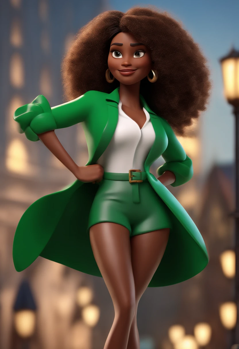 Cartoon character of a dark brown skinned green-eyed woman in businesswoman outfit, animation character, Caractere estilizado, animation style rendering, 3D estilizado, Arnold Maya render, 3 d render stylized, toon render keyshot, Personagem 3D, Personagem 3D, 3d rendering stylized, 3 d character render, personagem de desenho animado, Personagem de close up, Pose de personagem, (Estilo Pixar) (master part:1.2) (Bokeh) (best quality) (pele detalhada) (textura detalhada) (8k) (argila) (Cinematic lighting) (foco nítido