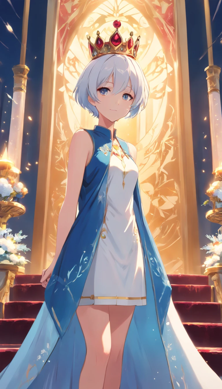 solo, 1girl, (masterpiece), ((20 year old appearance)), adult white hair, short hair, white eyes, anime girl, Golden crown with a ruby in the middle, Blue dress, Throne of ice