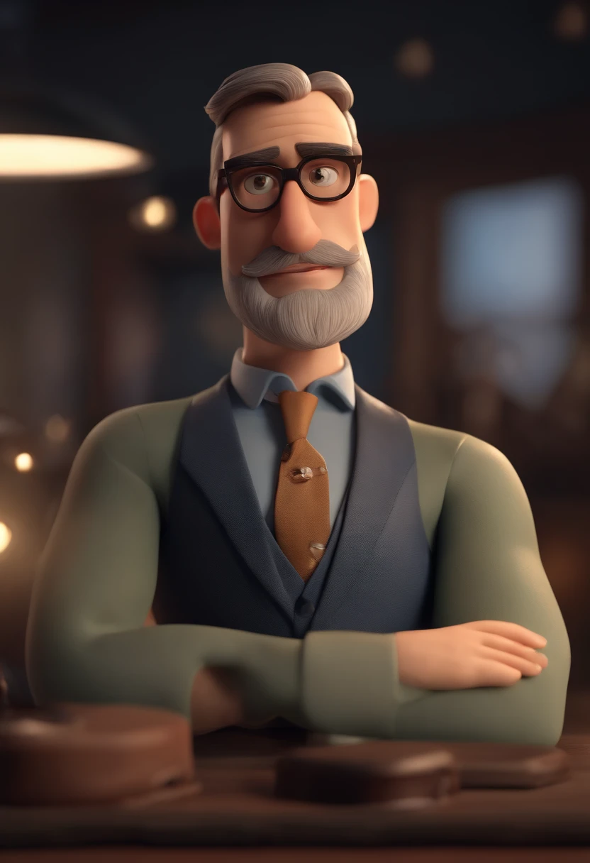 Cartoon character of a man wearing black glasses and a blue shirt, um personagem animado, Caractere estilizado, animation style rendering, 3D estilizado, Arnold Maya render, 3 d render stylized, toon render keyshot, Personagem 3D, Personagem 3D, 3d rendering stylized, 3 d character render, personagem de desenho animado, Personagem de close up, Pose de personagem, (Estilo Pixar) (master part:1.2) (Bokeh) (best quality) (pele detalhada) (textura detalhada) (8k) (argila) (Cinematic lighting) (foco nítido,Senta e vaza a parte superior do corpo, barba branca, gordinho