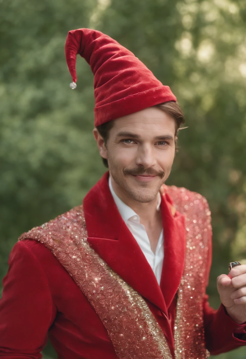 Um Homem magro e mau com um sorriso macabro, Dressed in a red magician outfit with sparkly sequins, Half serpent body looking forward holding a hypnosis watch in hand, His face has reptilian features and greenish skin