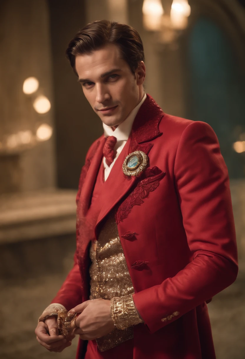 Um Homem magro e mau com um sorriso macabro, Dressed in a red magician outfit with sparkly sequins, Half serpent body looking forward holding a hypnosis watch in hand, His face has reptilian features and greenish skin
