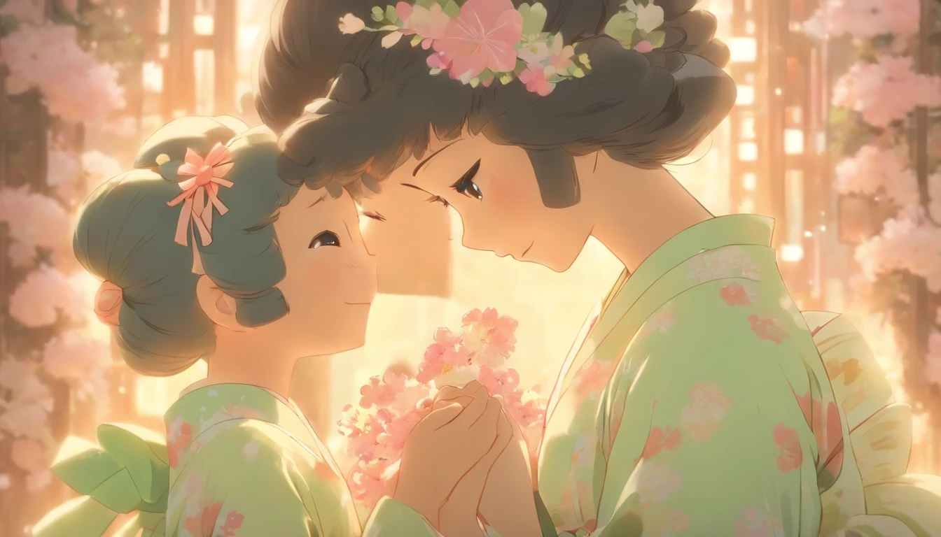 Two young and cute、Black-haired Japan woman facing each other、Holding hands with their foreheads pressed together。The child on the right is only slightly smaller Wearing a fluffy and elegant dress The girl on the left is wearing a light pink dress The girl on the right is wearing a light green dress It comes with a floral ribbon headdress.、Soft and delicate illustrations in pastel colors