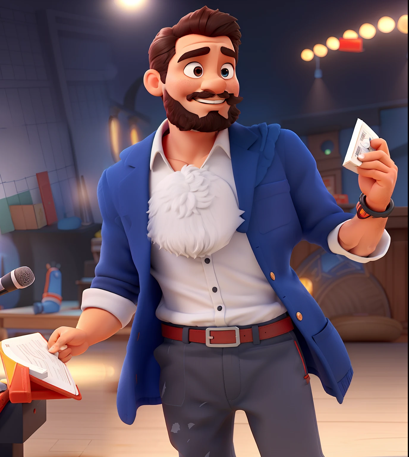 Pode melhorar barba mais rala com uns fios brancos, Make the full body appearing white red shoes. Man stands on black background on a speaker-like stage with microphone in one hand and book in the other in Disney pixar style best quality, maior qualidade.