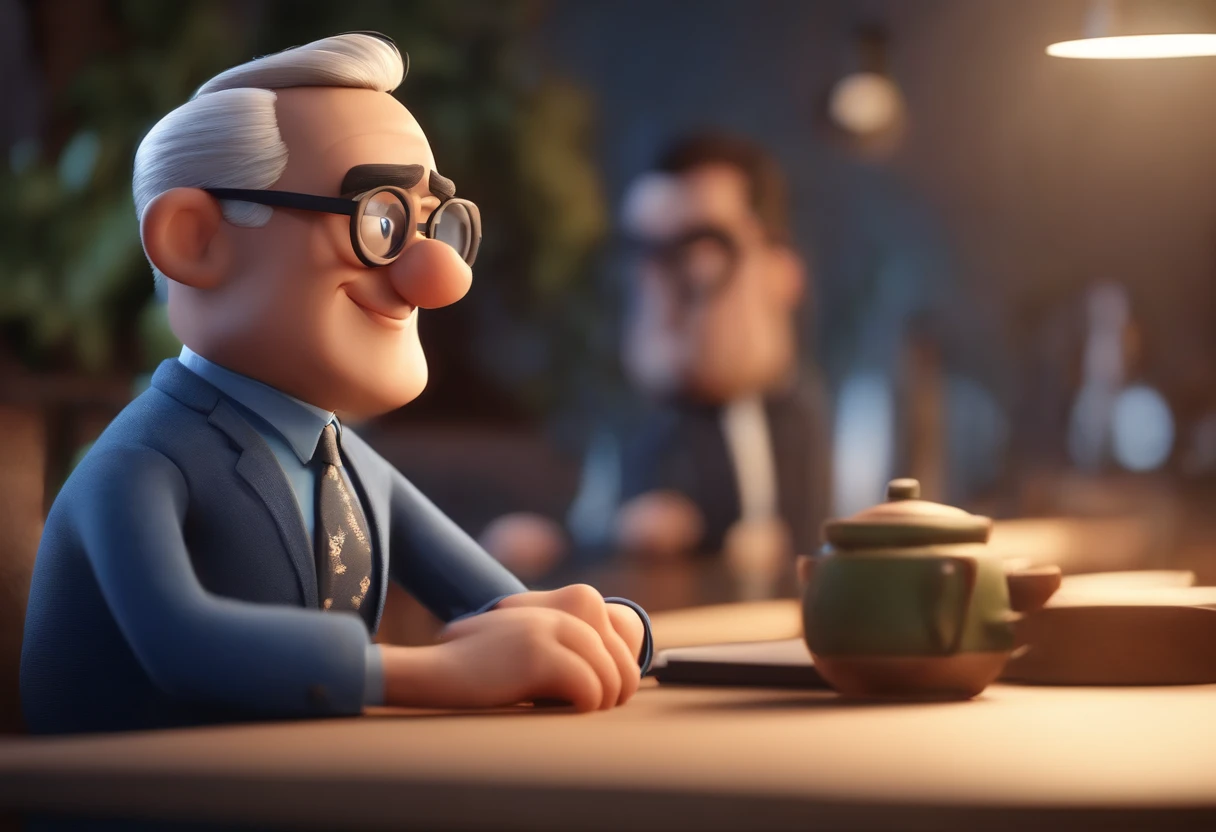 Cartoon character of a man wearing black glasses and a blue shirt, um personagem animado, Caractere estilizado, animation style rendering, 3D estilizado, Arnold Maya render, 3 d render stylized, toon render keyshot, Personagem 3D, Personagem 3D, 3d rendering stylized, 3 d character render, personagem de desenho animado, Personagem de close up, Pose de personagem, (Estilo Pixar) (master part:1.2) (Bokeh) (best quality) (pele detalhada) (textura detalhada) (8k) (argila) (Cinematic lighting) (foco nítido,Senta e vaza a parte superior do corpo