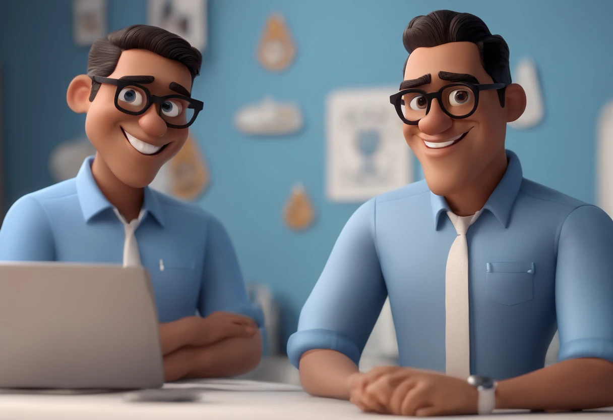 Cartoon character of a man wearing black glasses and a blue shirt, um personagem animado, Caractere estilizado, animation style rendering, 3D estilizado, Arnold Maya render, 3 d render stylized, toon render keyshot, Personagem 3D, Personagem 3D, 3d rendering stylized, 3 d character render, personagem de desenho animado, Personagem de close up, Pose de personagem, (Estilo Pixar) (master part:1.2) (Bokeh) (best quality) (pele detalhada) (textura detalhada) (8k) (argila) (Cinematic lighting) (foco nítido,Senta e vaza a parte superior do corpo