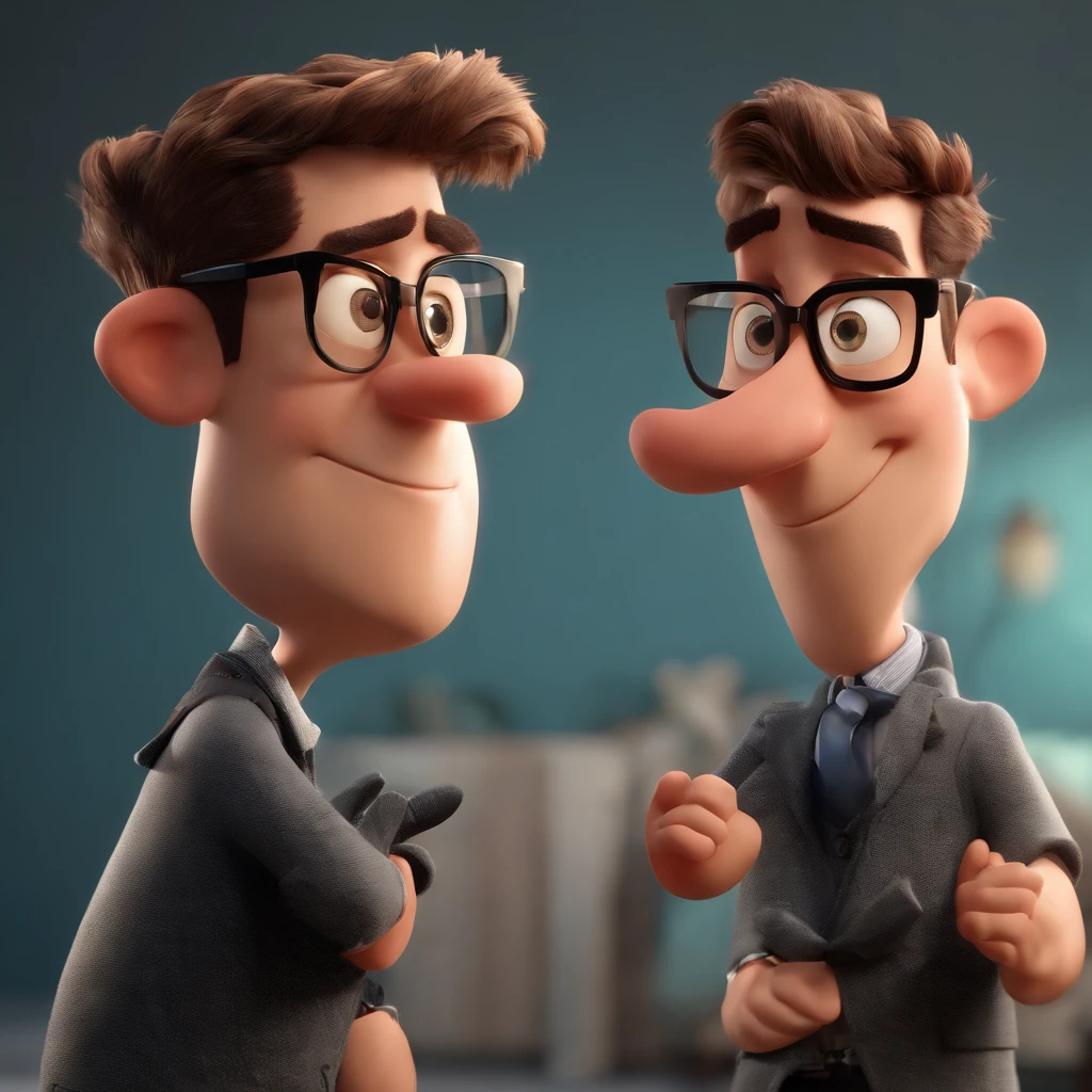 Cartoon character of a man wearing black glasses and a blue shirt, um personagem animado, Caractere estilizado, animation style rendering, 3D estilizado, Arnold Maya render, 3 d render stylized, toon render keyshot, Personagem 3D, Personagem 3D, 3d rendering stylized, 3 d character render, personagem de desenho animado, Personagem de close up, Pose de personagem, (Estilo Pixar) (master part:1.2) (Bokeh) (best quality) (pele detalhada) (textura detalhada) (8k) (argila) (Cinematic lighting) (foco nítido,Senta e vaza a parte superior do corpo
