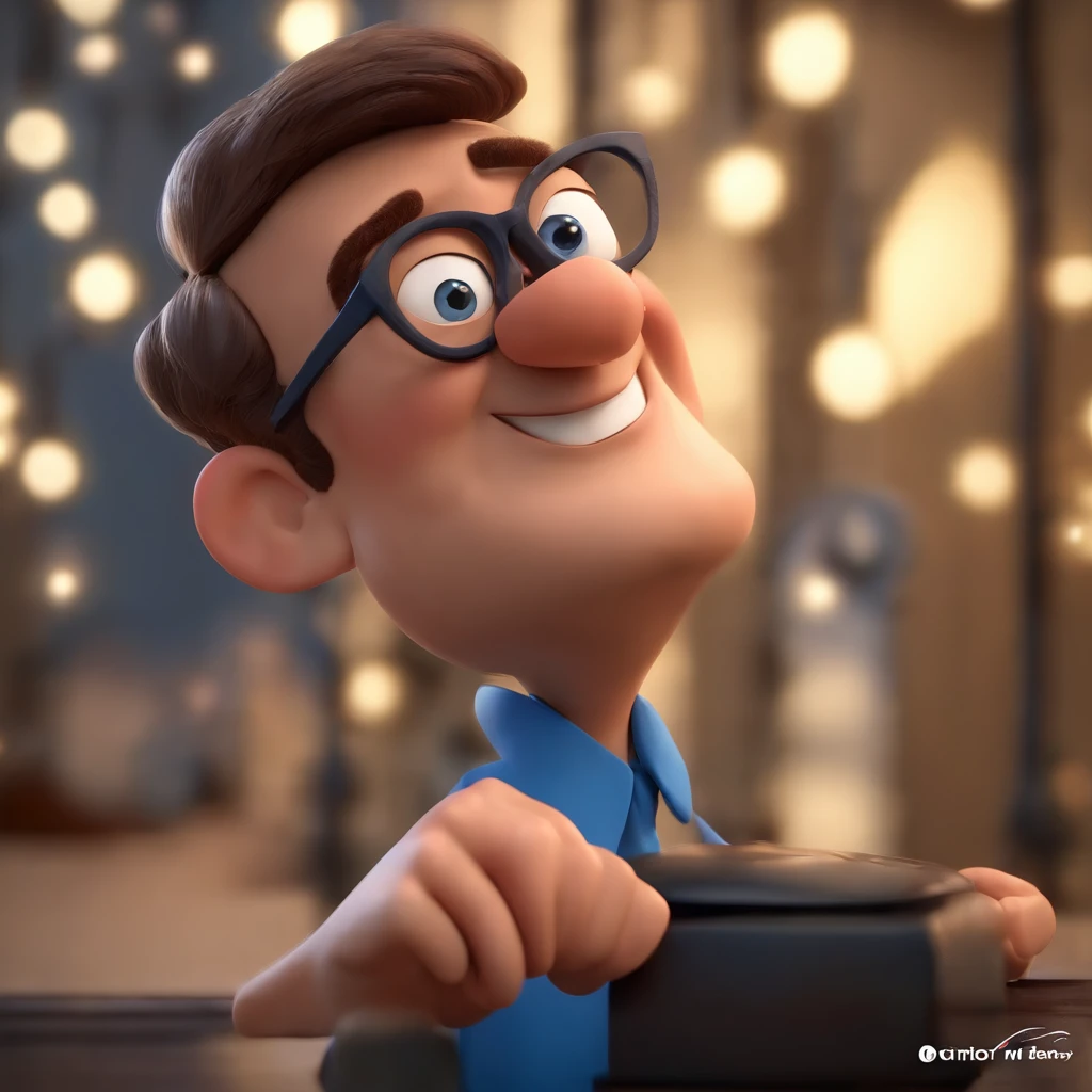 Cartoon character of a man wearing black glasses and a blue shirt, um personagem animado, Caractere estilizado, animation style rendering, 3D estilizado, Arnold Maya render, 3 d render stylized, toon render keyshot, Personagem 3D, Personagem 3D, 3d rendering stylized, 3 d character render, personagem de desenho animado, Personagem de close up, Pose de personagem, (Estilo Pixar) (master part:1.2) (Bokeh) (best quality) (pele detalhada) (textura detalhada) (8k) (argila) (Cinematic lighting) (foco nítido，Senta e vaza a parte superior do corpo