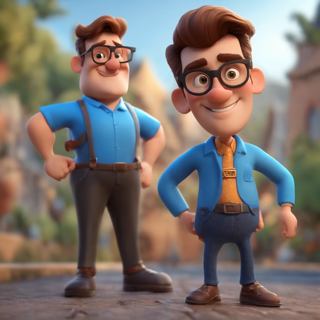 Cartoon character of a man wearing black glasses and a blue shirt, um personagem animado, Caractere estilizado, animation style rendering, 3D estilizado, Arnold Maya render, 3 d render stylized, toon render keyshot, Personagem 3D, Personagem 3D, 3d rendering stylized, 3 d character render, personagem de desenho animado, Personagem de close up, Pose de personagem, (Estilo Pixar) (master part:1.2) (Bokeh) (best quality) (pele detalhada) (textura detalhada) (8k) (argila) (Cinematic lighting) (foco nítido,Senta e vaza a parte superior do corpo