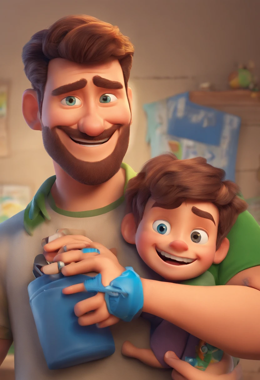 Estilo Pixar: The grown man is holding a naked blue-eyed boy and in his other hand he is holding a pair of scissors and is trying to cut off the boy's testicles,3D Poster,Disney