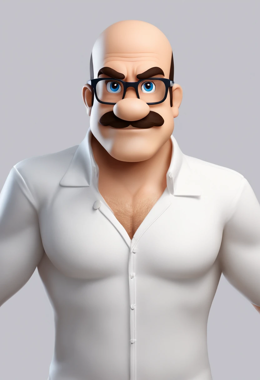 ((best quality)), ((master part)), ((desenhos animados realistas)), ((Personagem perfeito)) - Um retrato frontal meticulosamente detalhado e realista de um homem com cabelo raspado, glasses and a shirt with beautiful textures. O homem olha diretamente para o espectador, Establish a strong and confident presence. The image captures their distinctive facial features, accurately showing the brightness of your eyes and the design of your glasses. The black shirt is rendered with fine details, aumentando o profissionalismo do retrato. Enviado para documentos oficiais, this portrait is presented in impressive 8K UHD resolution, Ensure clarity and unique protection.