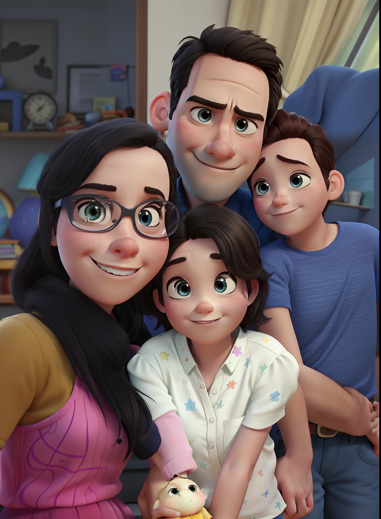 Pixar style artwork, family, man, woman, boy and girl