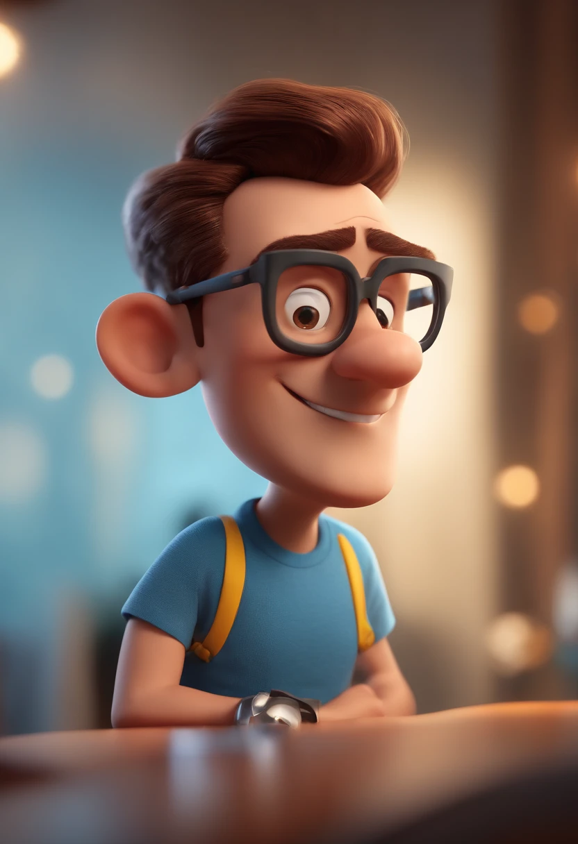 Cartoon character of a man with black glasses and a blue shirt, animation character, Caractere estilizado, animation style rendering, 3D estilizado, Arnold Maya render, 3 d render stylized, toon render keyshot, Personagem 3D, Personagem 3D, 3d rendering stylized, 3 d character render, personagem de desenho animado, Personagem de close up, Pose de personagem, (Estilo Pixar) (master part:1.2) (Bokeh) (best quality) (pele detalhada) (textura detalhada) (8k) (argila) (Cinematic lighting) (foco nítido
