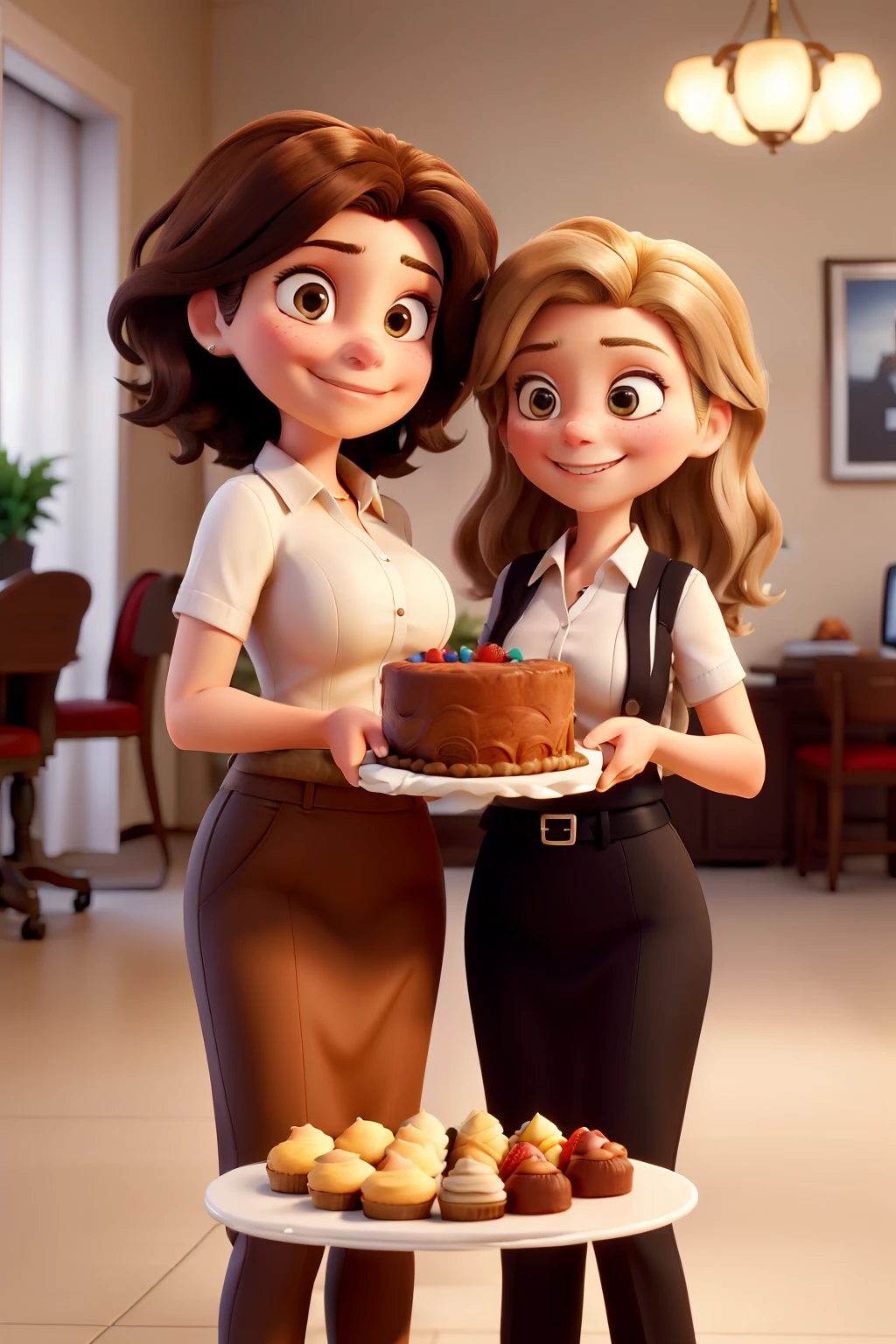 Two Businesswomen Holding a Fit Cake. One of them with blonde hair and dark hair roots down to her shoulder, the other with dark hair down to her shoulder