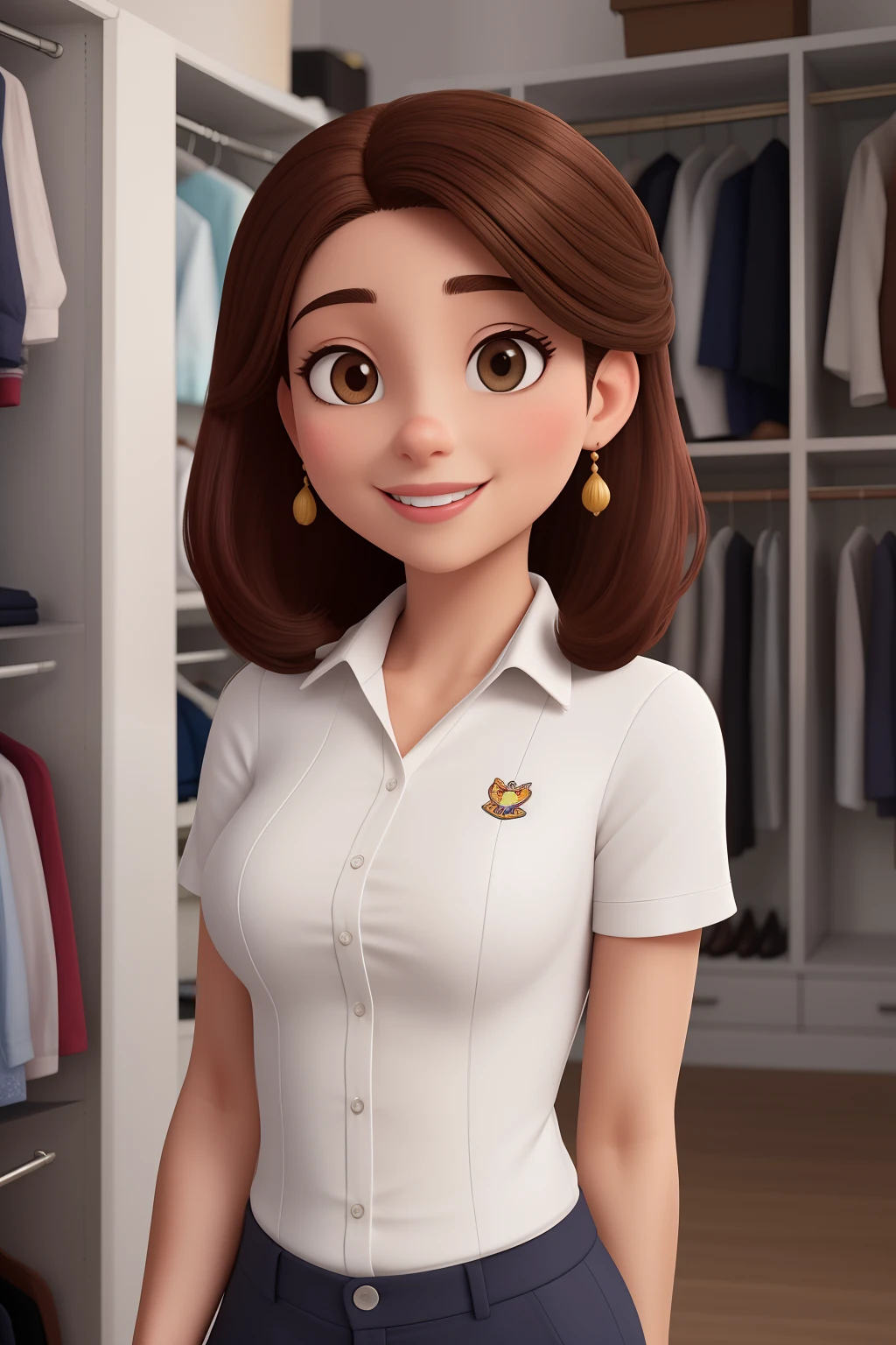 Uma mulher de 30 anos, trabalhando no closet cabelo castanho escuro, Rosto redondo, sorriso encantador, e olhos castanhos e levemente puxados, pele morena, de camisa e trabalhando.