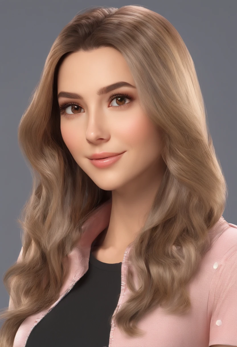 sexo feminino, Cabelos loiro escuro, sobrancelhas cor castanho, pele branca, Large eyelashes of the rounded face, olhos pequenos e puxados, cor castanho, nariz fino, brinco com pingente borboleta, sorriso largo,senior high school student, camiseta pret, sala de aula, estilo pixar