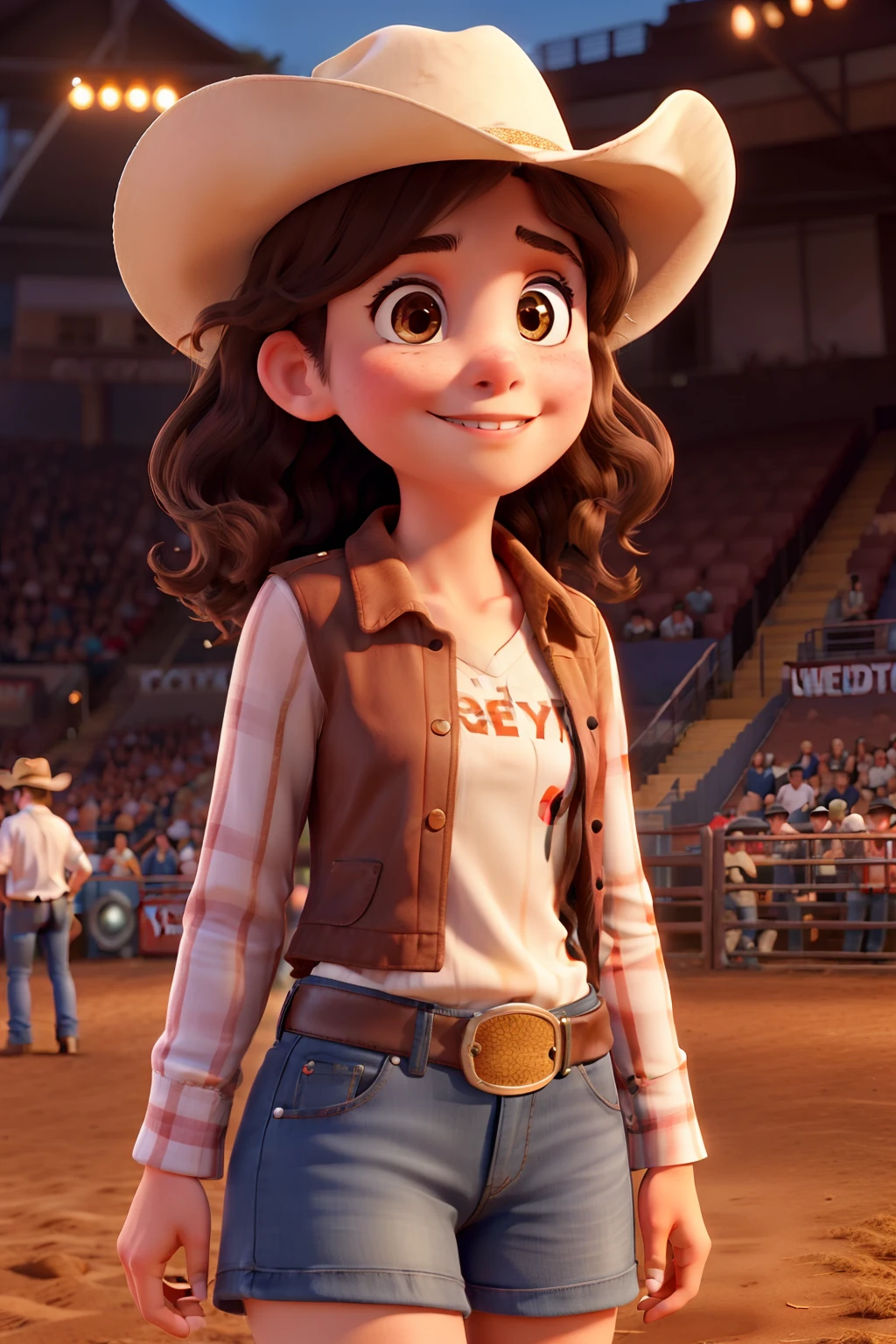 Imagine a girl with medium wavy dark brown hair at the rodeo watching a country show