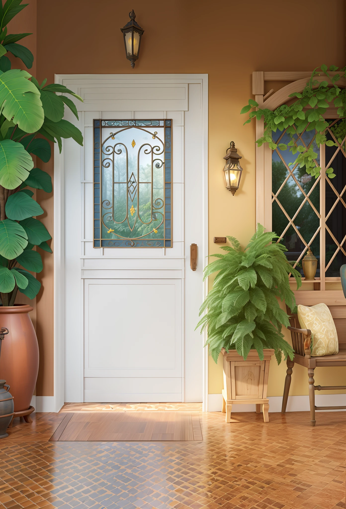 Entrada de casa, estilo disney picture, porta branca antiga, hydraulic tile flooring, Tall floor plan on the left, window with antique grilles on the right, alta qualidade, mmelhor qualidade, animification