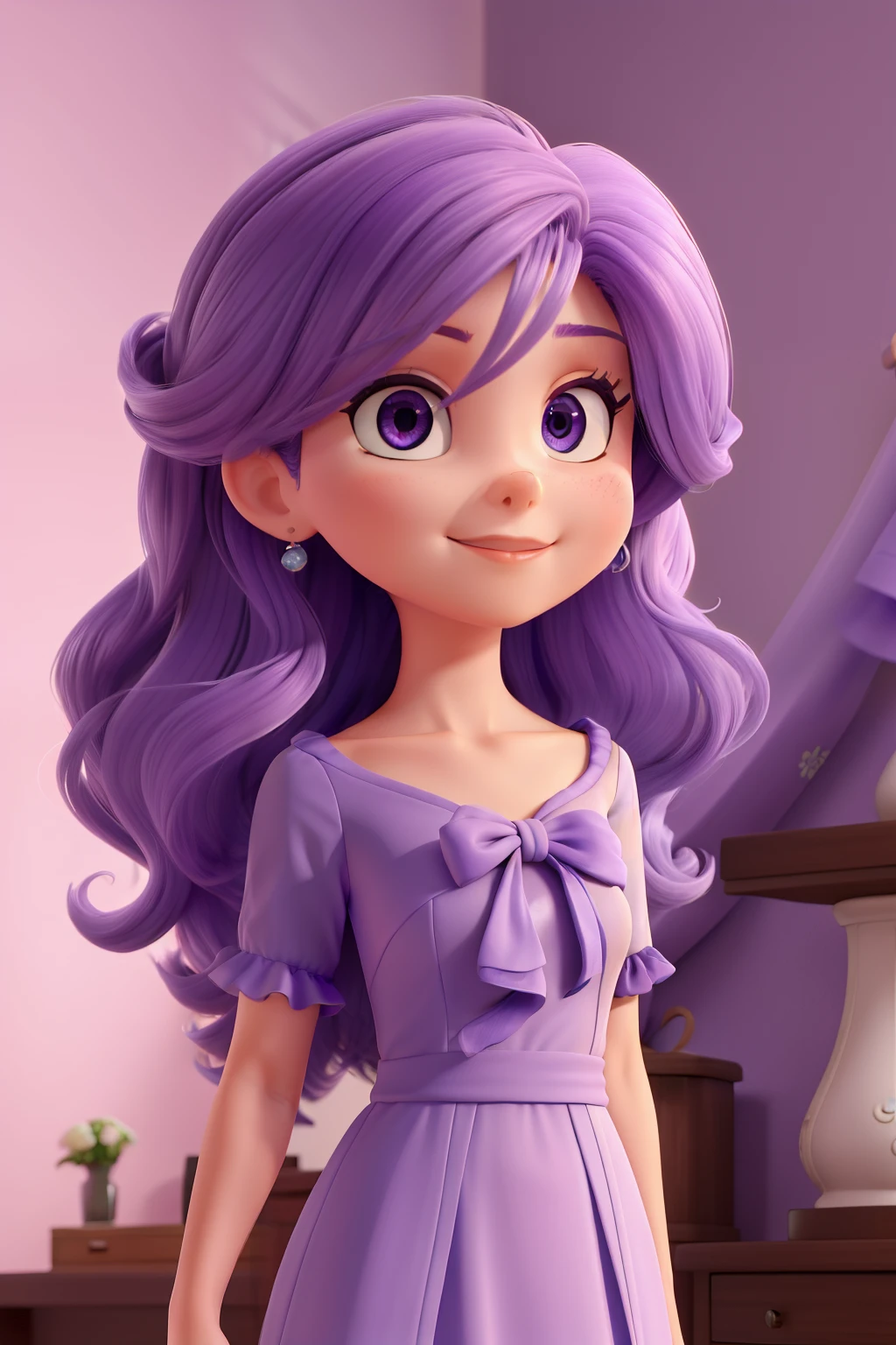 Cabelos loiros ,olhos claros, lilac dress,segurando o celular. Fundo luxuoso roxo claro