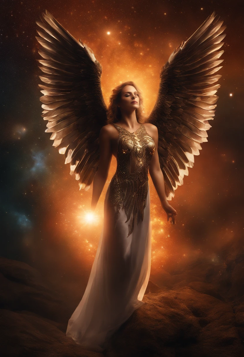 cosmic fallen angel, olhos claros brilhantes, Biomechanicals, estranho, assustador, Pesadelo, cores muito brilhantes, light particles, com luz brilhante, Mshiff, Arte do papel de parede, Papel de parede UHD