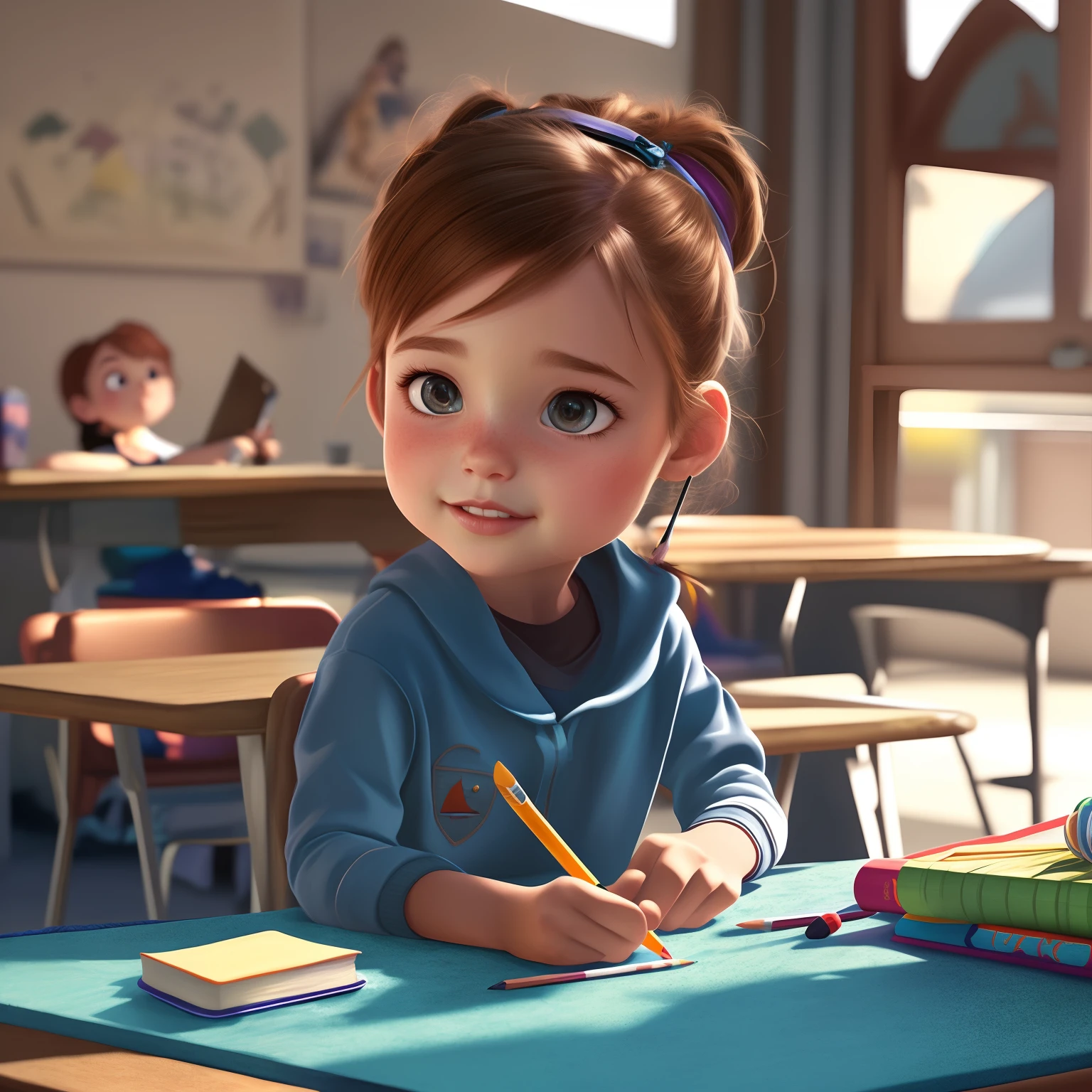 There's a young woman sitting at a table with a pencil and paper, painting digital adorable, design de personagem bonito pixar, Arte infantil em Artstation, personagem pixar bonito, animation movie still, pixar retrato 8 k foto, pixar renderman render, por Pixar, Disney Pixar filme ainda, pintura realista da  bonito, design de personagens pixar, Pixar e Ilya Kuvshinov