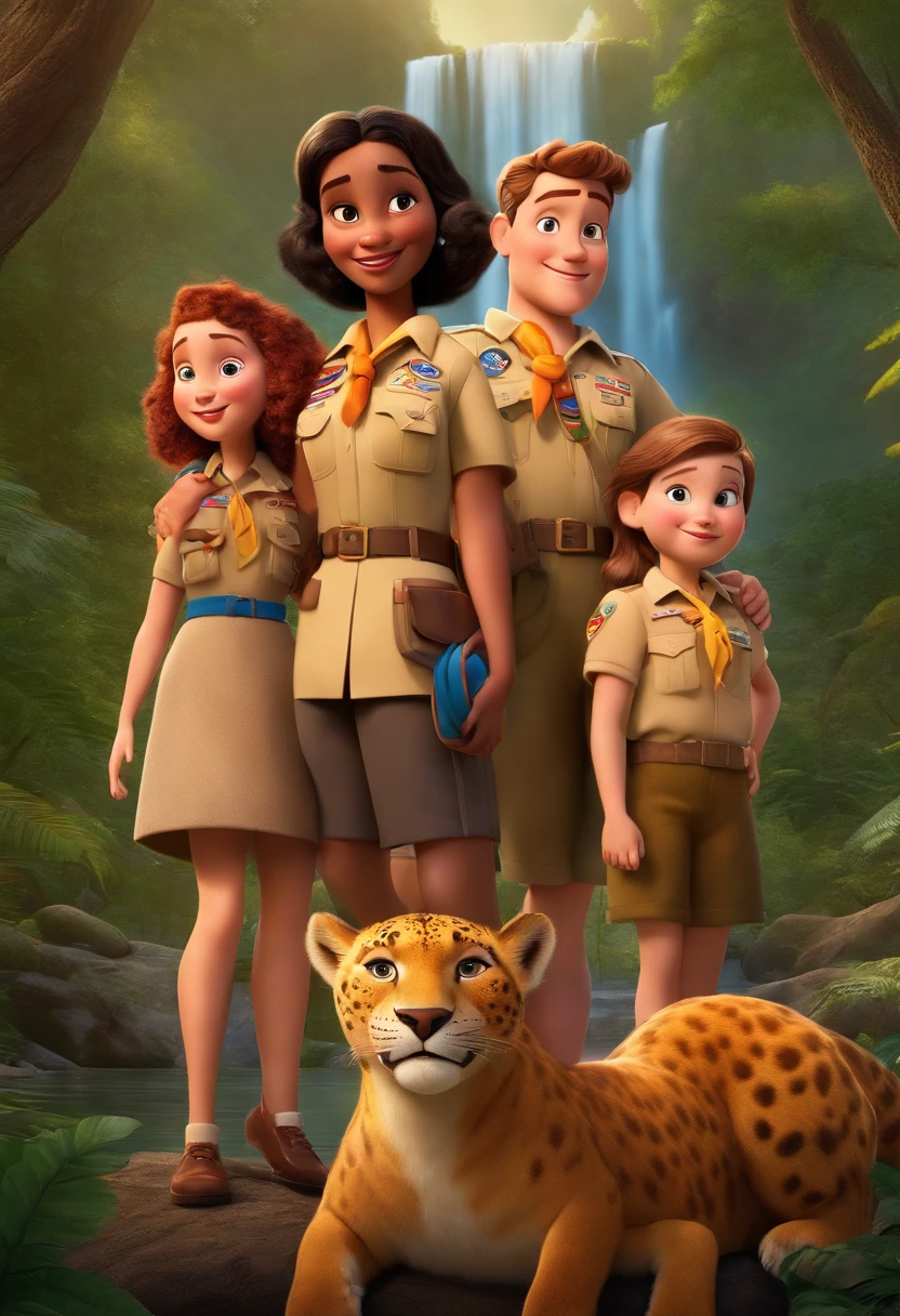 a Disney Pixar movie poster showing a white-skinned family all with Boy Scout scarf , Strong father, chubby mother, a skinny daughter and another chubby daughter with a pet jaguar in a forest with a waterfall in the background. 3D-rendering