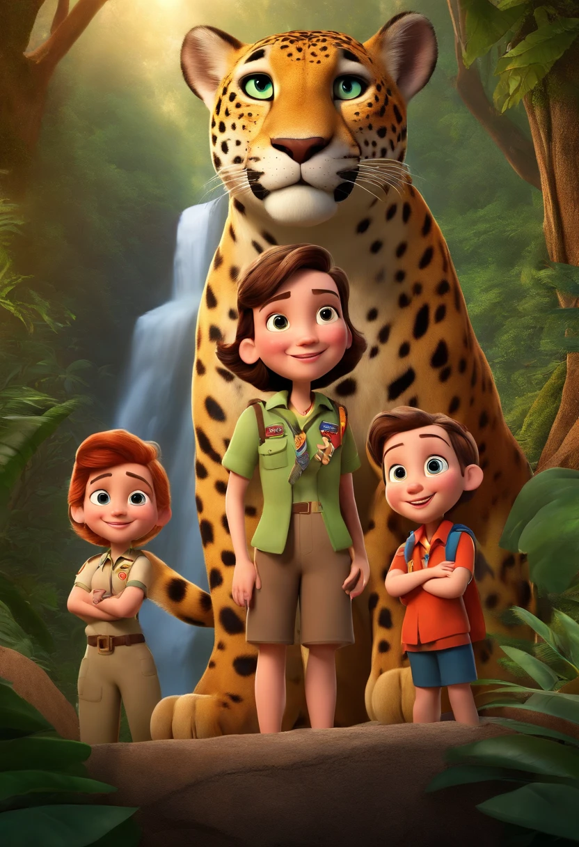 a Disney Pixar movie poster showing a white-skinned family all with Boy Scout scarf , Strong father, chubby mother, a skinny daughter and another chubby daughter with a pet jaguar in a forest with a waterfall in the background. 3D-rendering
