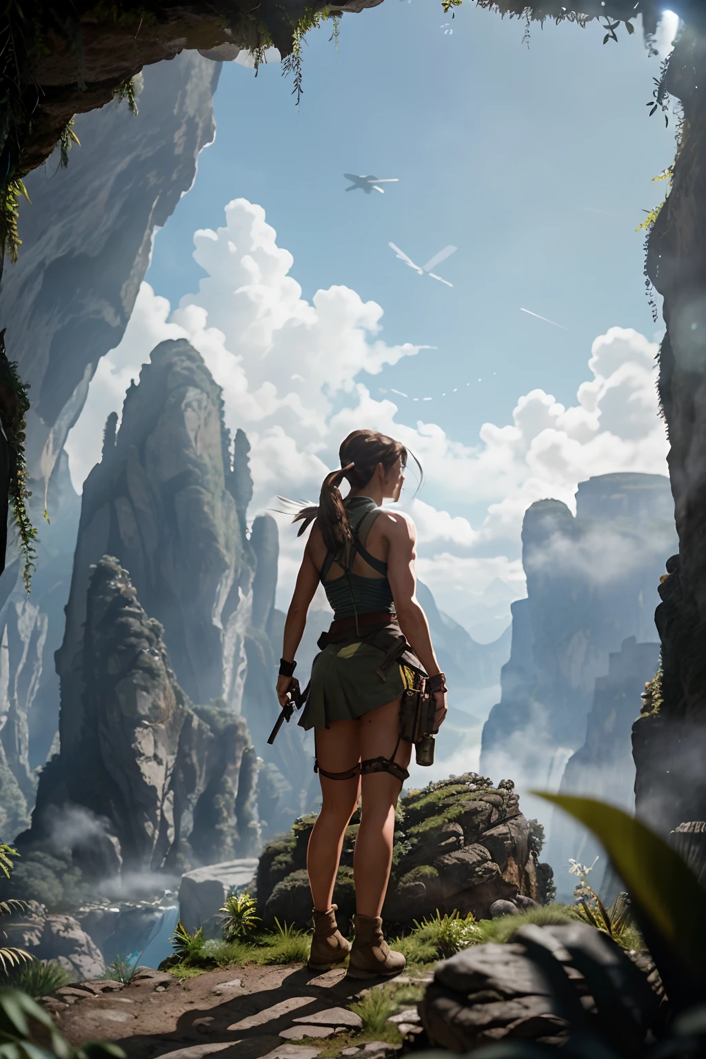 Highly detailed RAW color Photo, Rear Angle, Full Body, of lara croft from tomb raider Adventurer, wearing torn up skirt:0.5, futuristic earpiece, rebreather), outdoors, (leaning over rocky Rim, looking out at advanced alien structure), on exotic alien planet, toned body, small butt, (sci-fi), (mountains:0.6), (lush green vegetation:1.3), (two moons in sky:0.7), (highly detailed, hyperdetailed, intricate), (lens flare:0.7), (bloom:0.7), particle effects, raytracing, cinematic lighting, shallow depth of field, photographed on a Sony a9 II, 24mm wide angle lens, sharp focus, cinematic film still from Jurassic Park 2022, (sweaty skin)