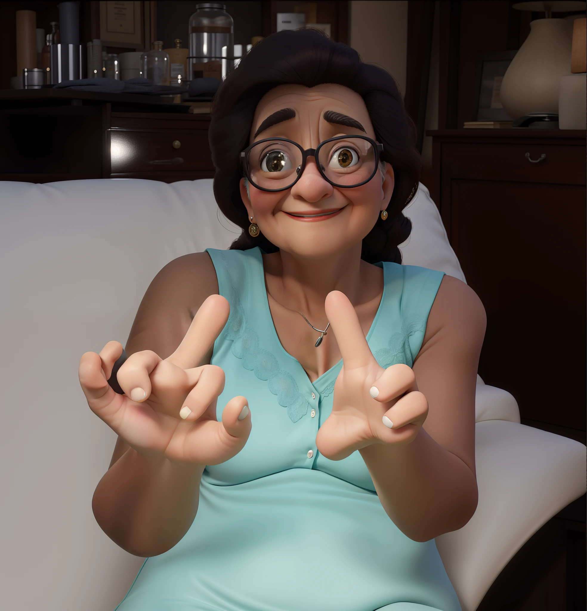 Obra-prima, de melhor qualidade, An elderly woman in glasses sitting on a sofa making a peace sign, 7 0 anos, 70 anos, muito superdotado, Magda Torres Gurza, grandma, dedos longos, com os dedos, muito muito assustador, Anos, 3 5 year brazilian mother, Foto realista, 5 dedos). corpo inteiro, dedos retorcidos