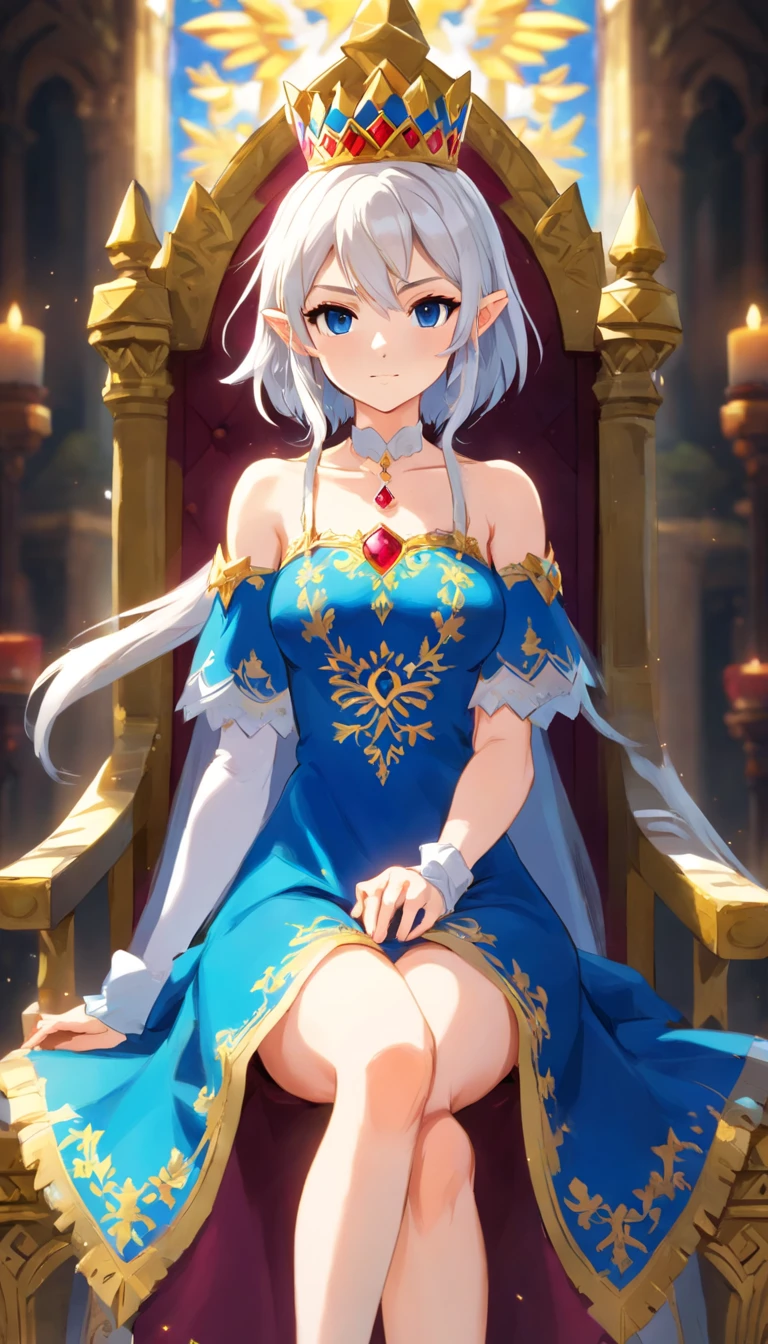 Evil Queen,diadems,White stockings,white long gloves,No shoes,Manteau blanc,short skirt,Full body like,conservativelydressed,Long white slippers,unholy,Kneeling pose,wounded,In a huff,big breasts beautiful,whaite hair,short detailed hair