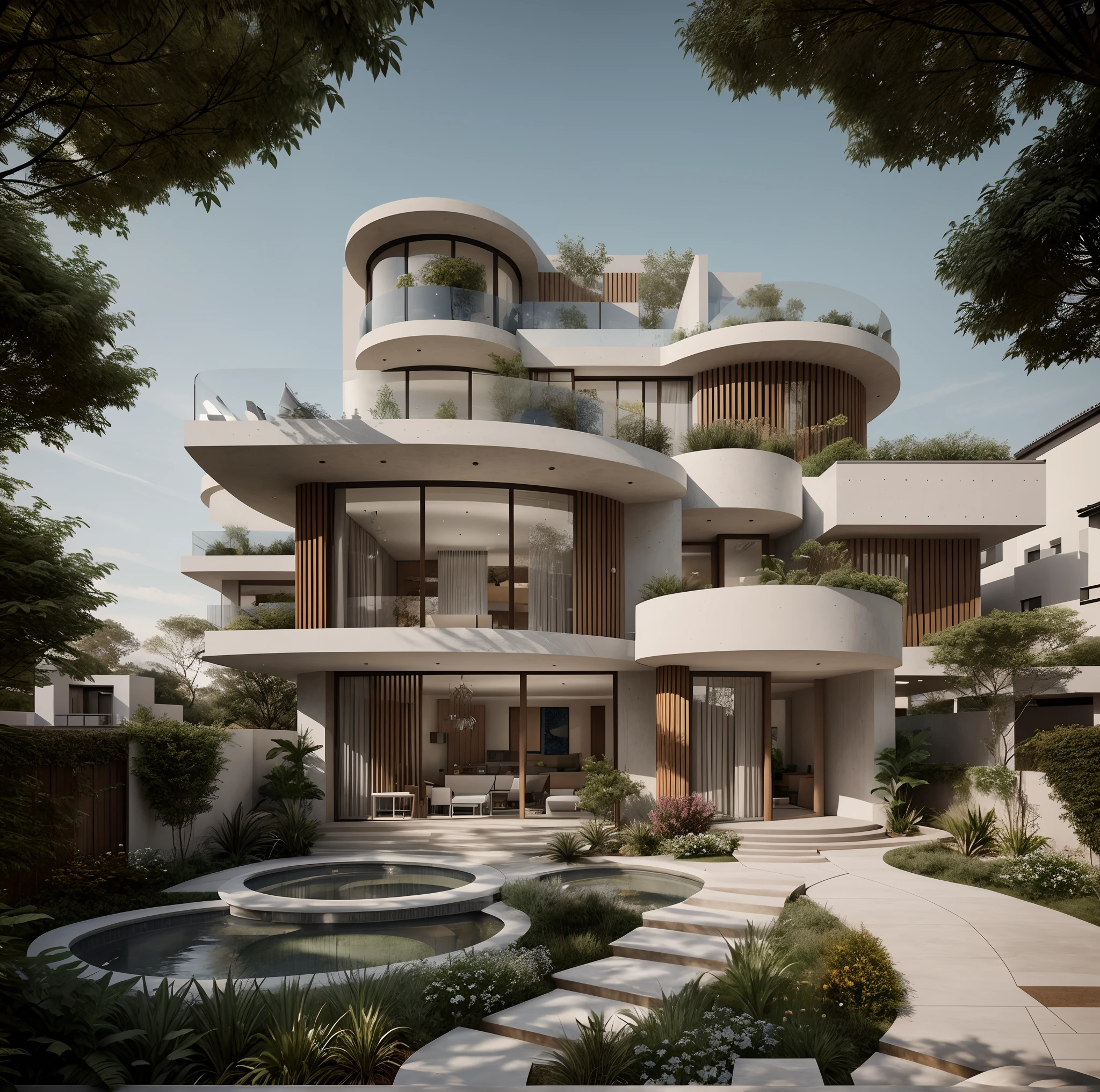 a drawing of a house with a staircase leading to a large glass window, high quality architectural art, architecture art, architectural illustration, contemporary architecture, mono,beautiful and realistic photos, busy surrounding space, realistic trees, surrounding landscape is the city, soft light, late afternoonchrome drawing, realistic architecture, architectural rendering, architectural sketch, in style of zaha hadid architect, architectural concepts, architectural concept, rounded architecture, architecture drawing, artistic drawing, exquisite architecture, beautiful artist rendering, architectural render